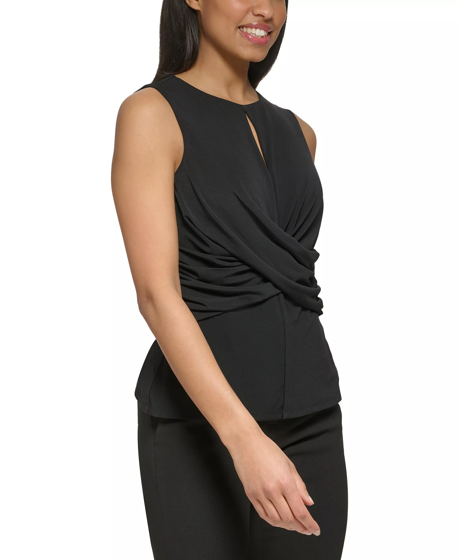 Petite Sleeveless Round Neck Keyhole Criss Cross Wrap Top - Black - P/L