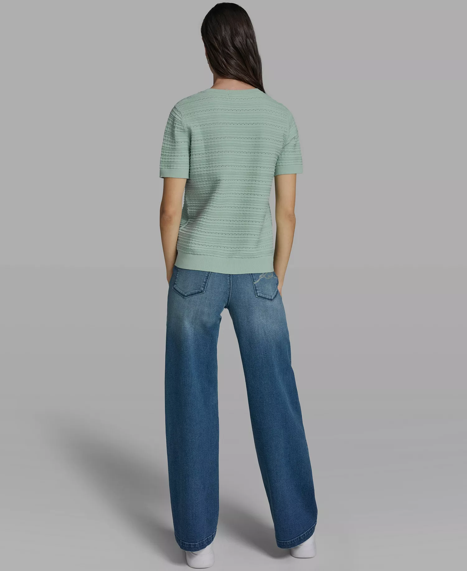 Women's Solid Pointelle Crew Neck Sweater - Fresh Mint - L