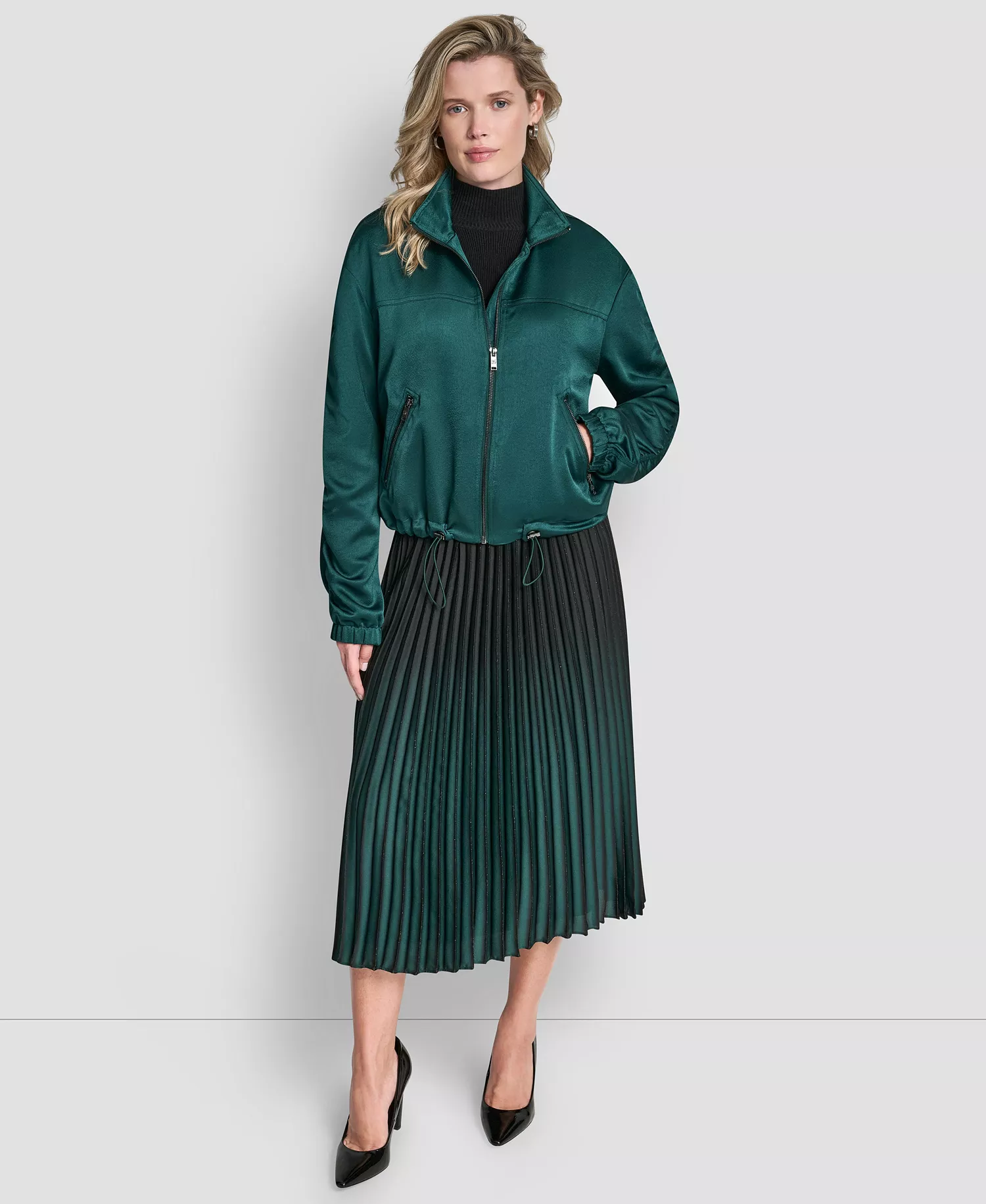 Women's Mock Neck Ruched Cropped Bomber Jacket - Atlantic Green - L