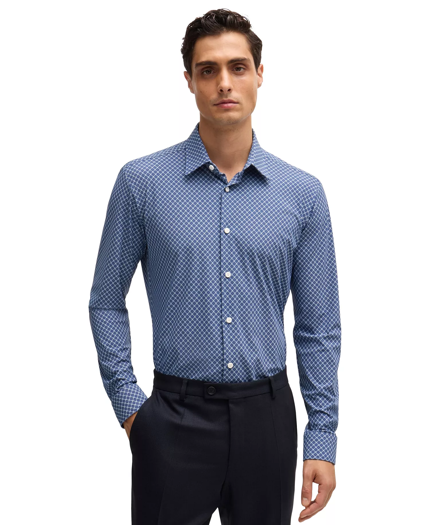 Men's Slim-Fit Printed Performance Dress Shirt - Open Blue - 2XL