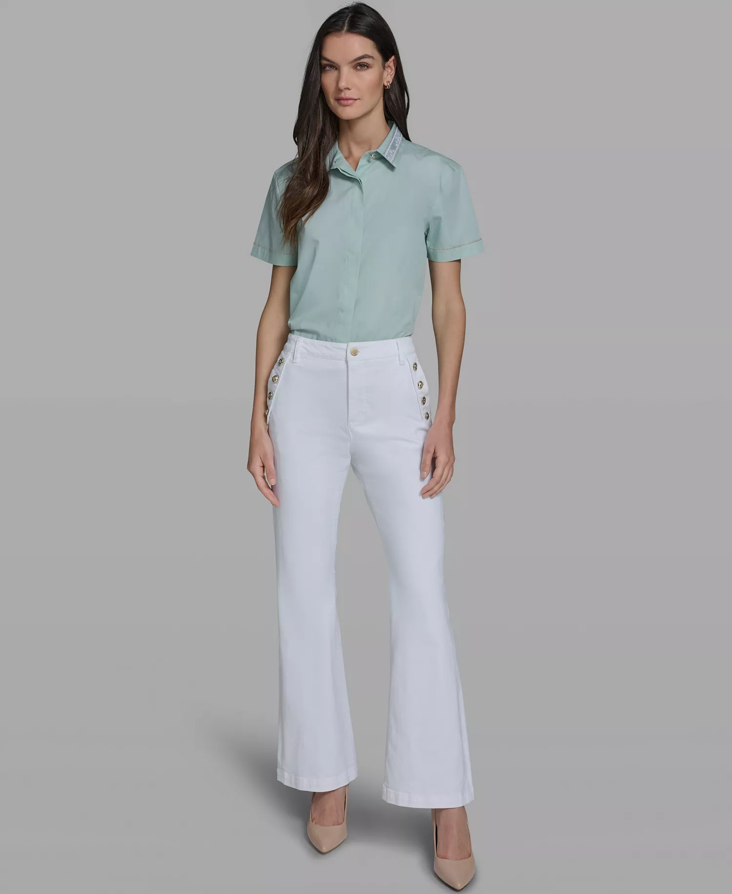 Women's Mid-Rise Studded-Pocket Flare Jeans - White Denim - 0