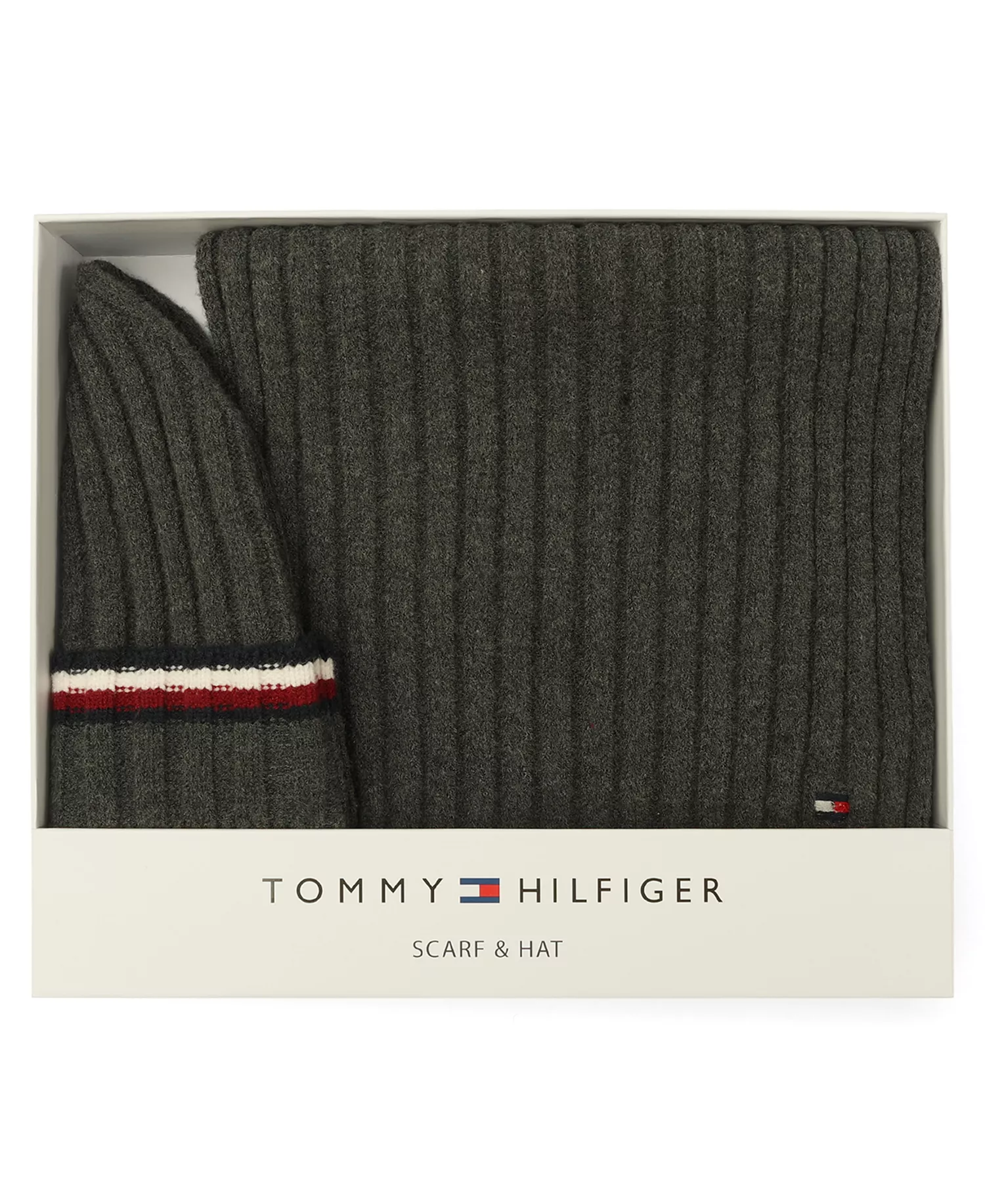 Men's 2-Piece Wide Rib Global Stripe Cuff Beanie and Scarf Set - Dark Grey Heather - ONE SIZE