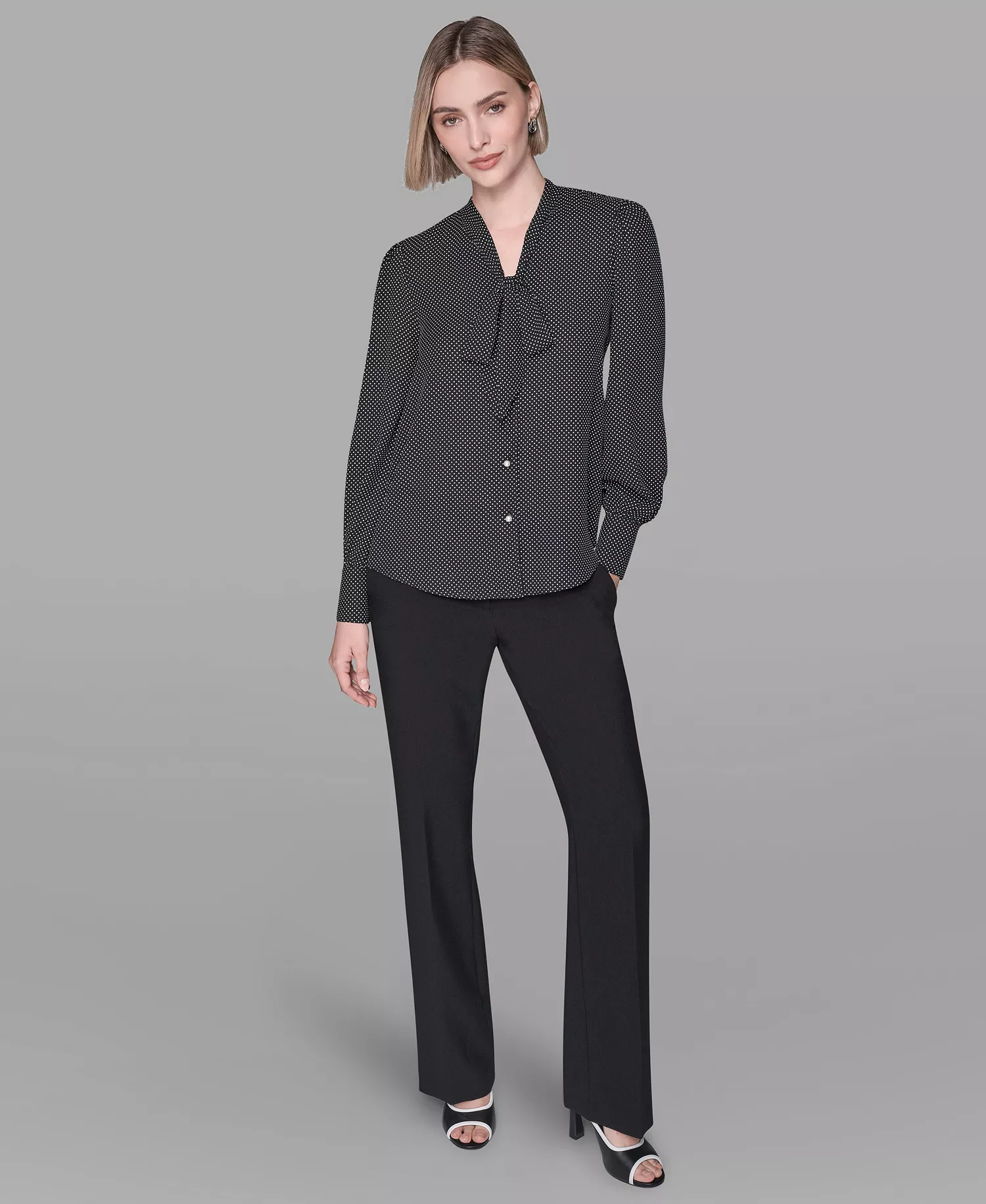 Women's V-Neck Button Down Blouse - Black/Soft White - L