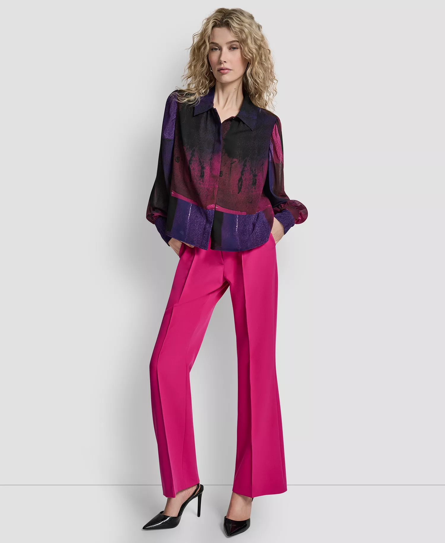 Women's Balloon Sleeve Collared Neck Top - Fuchsia/dk Violet Mlt - S