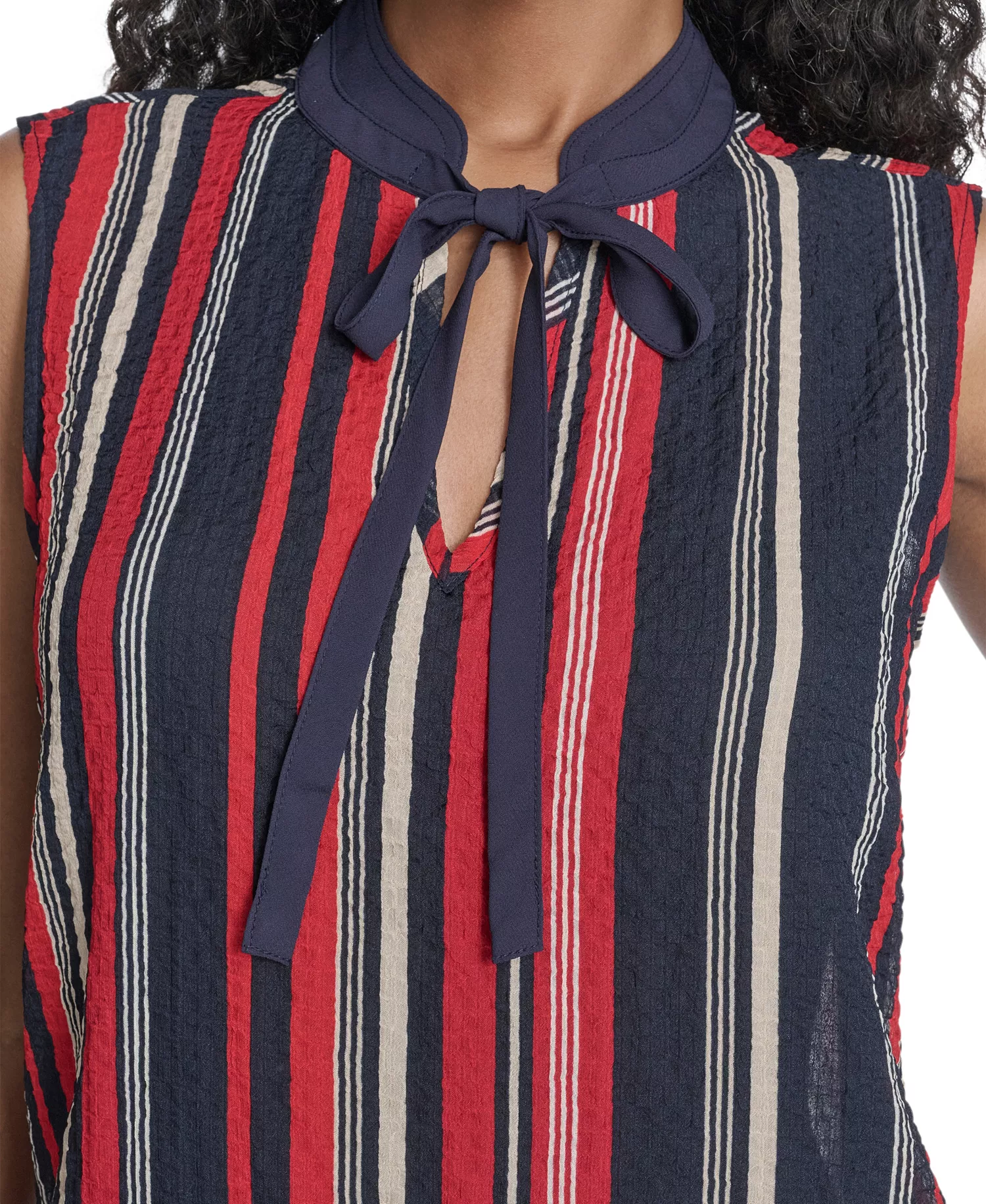 Women's Sleeveless Striped Tie V-Neck Blouse - Midnight/ Scarlet - L