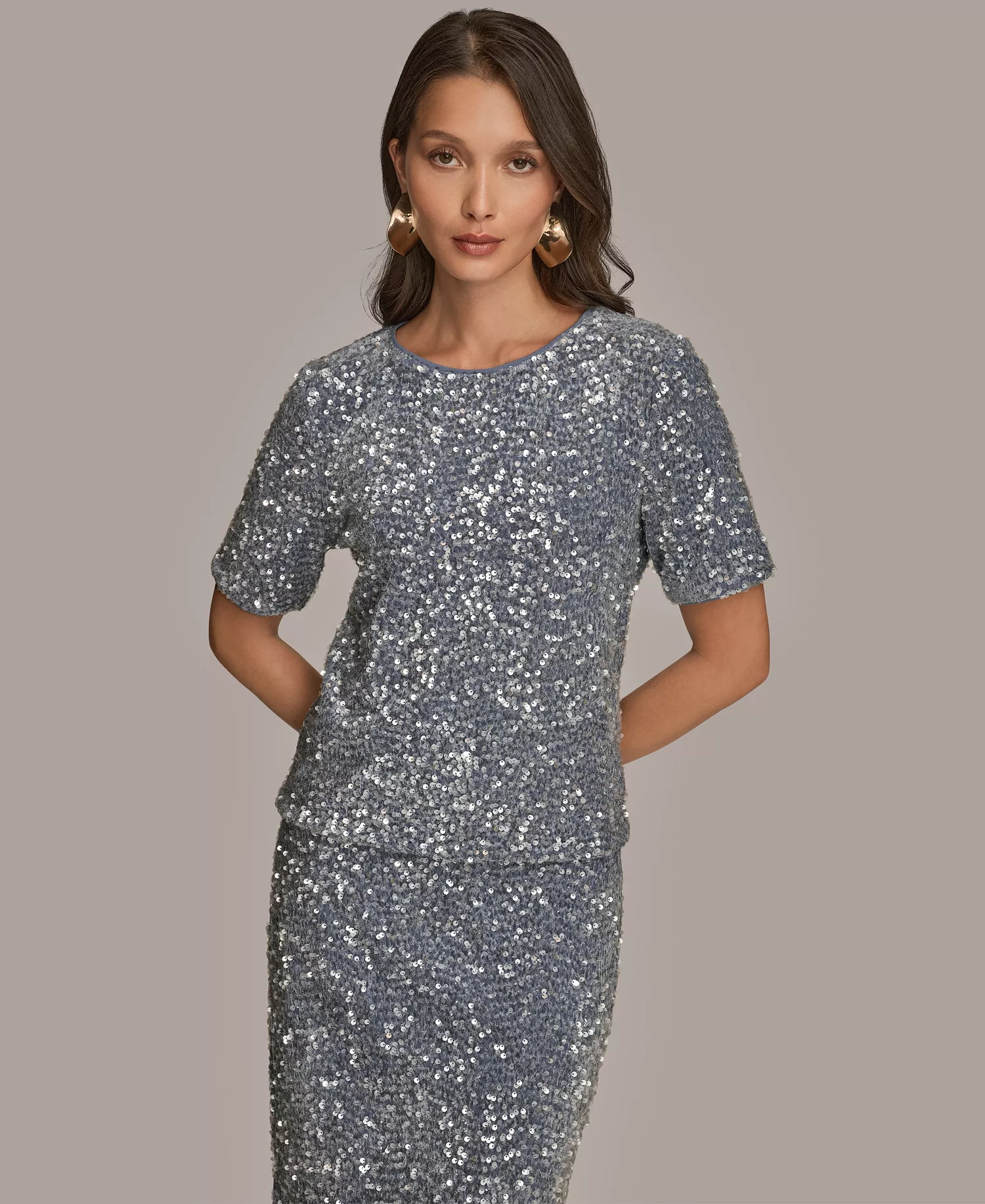 Women's Embellished Sequin Short Sleeve Crewneck Top - Tempest - L
