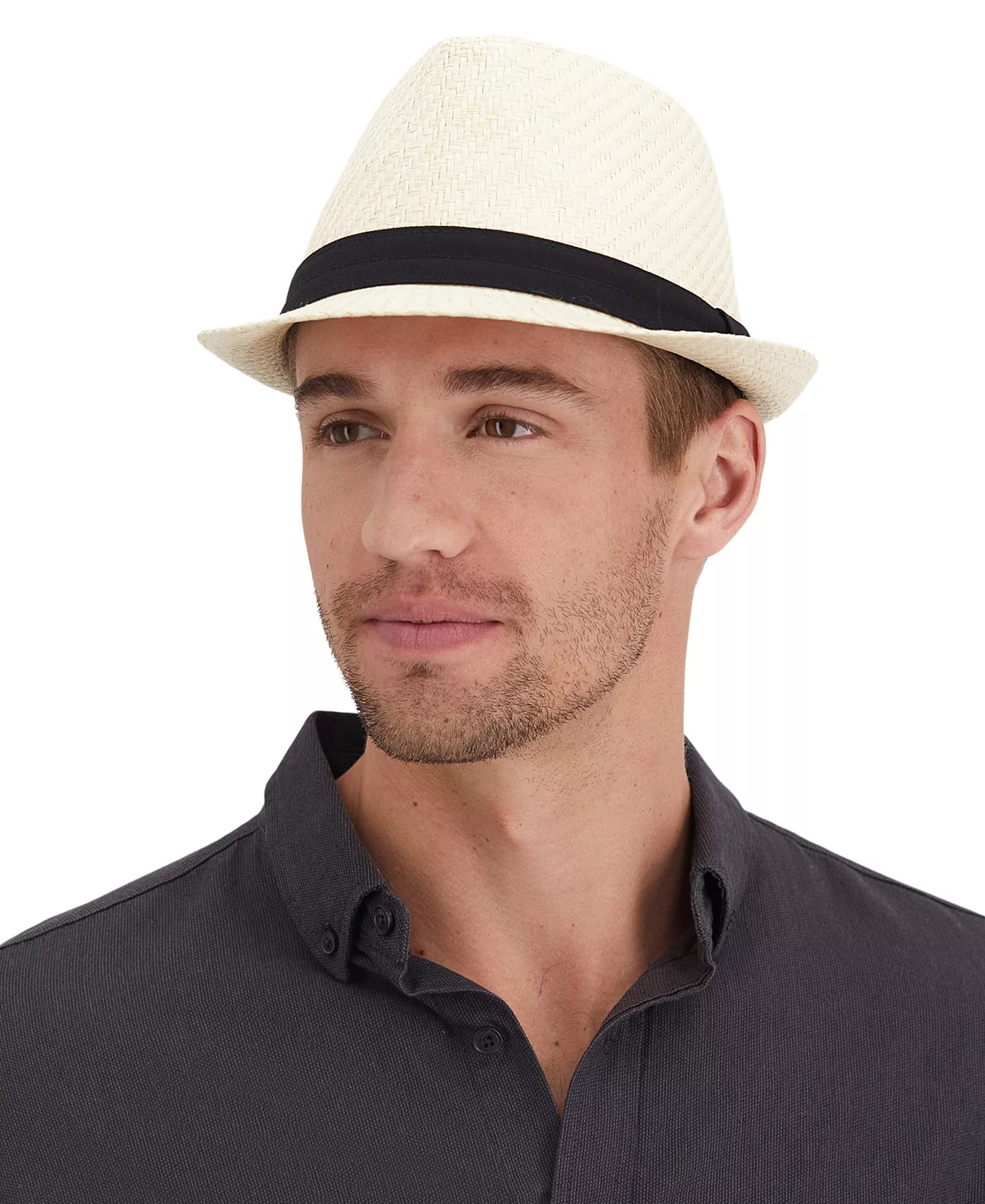 Men's Classic Flat Brim Straw Cotton Band Fedora - Natural - L/XL