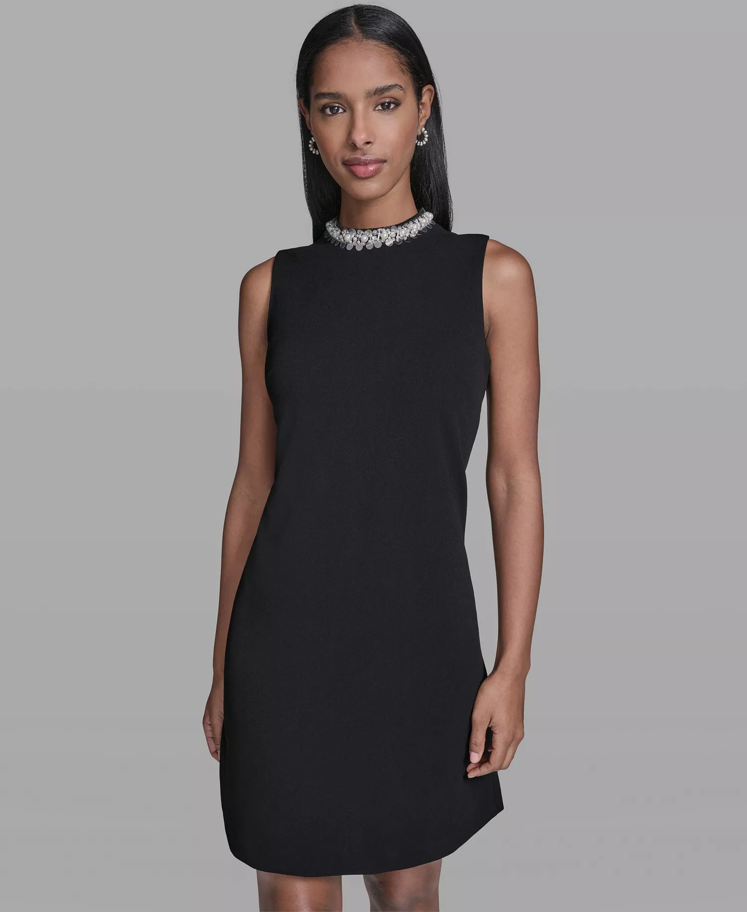 Women's A-Line Embellished Mock Neck Dress - Black - 0