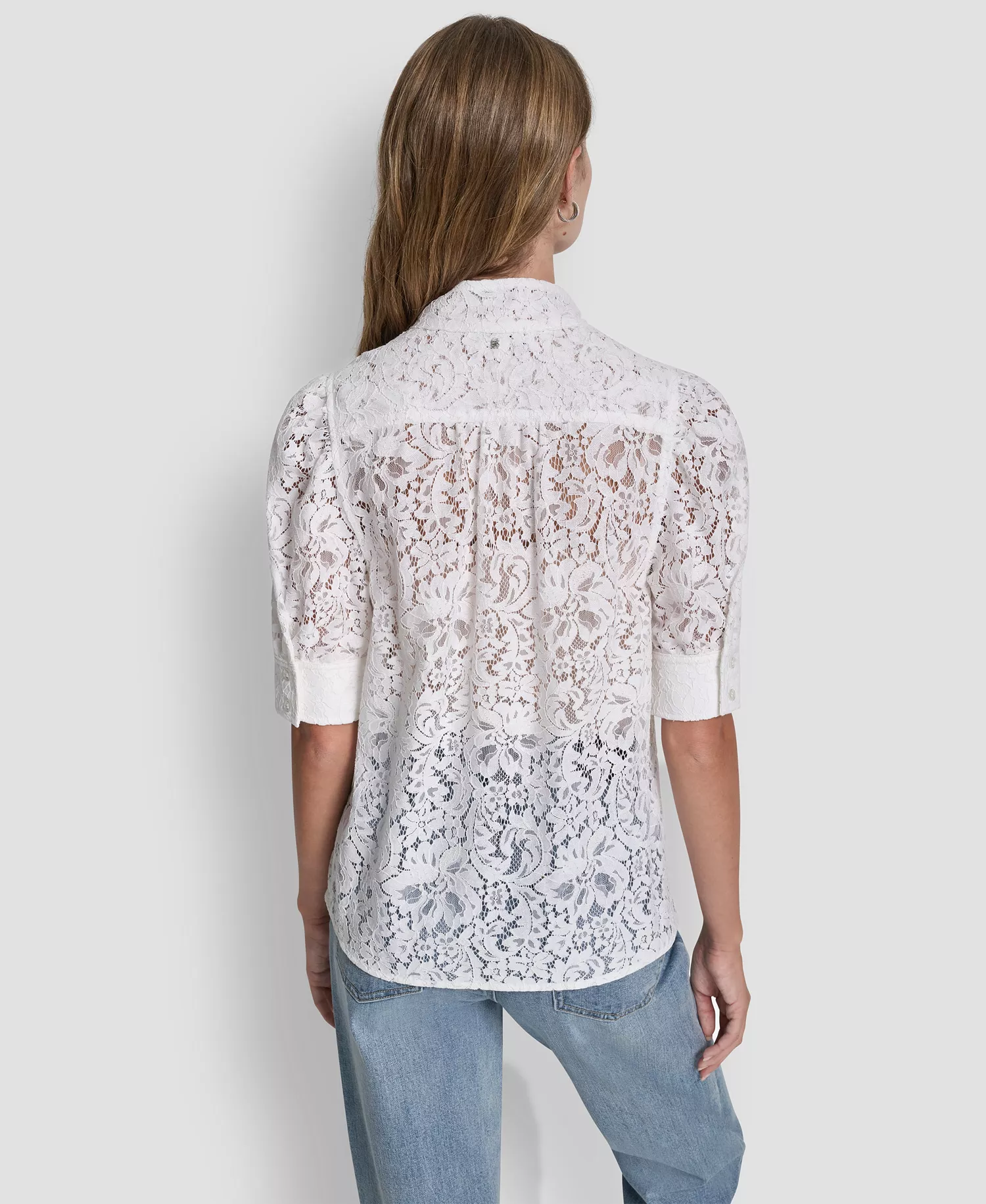 Women's Lace Puff Sleeve Stand Collar Shirt - Ivory - L