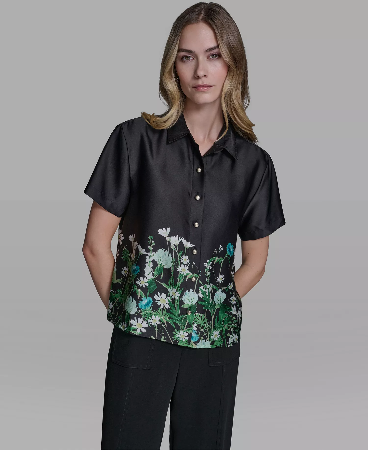 Women's Printed Floral Camp Shirt - Black Combo - L