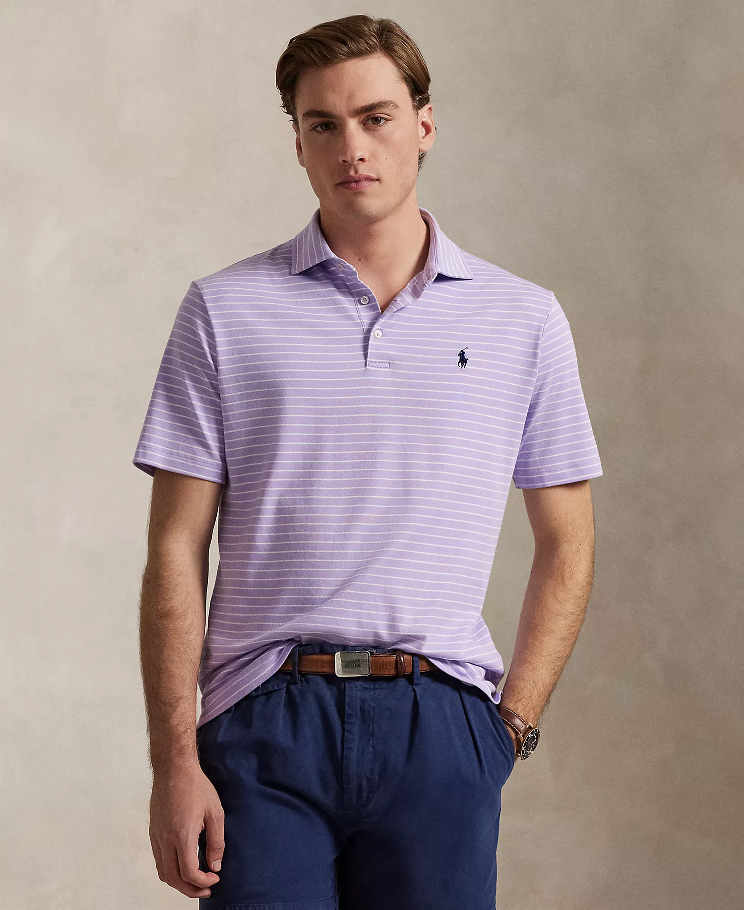 Men's Classic-Fit Striped Soft Cotton Polo Shirt - Purple/whi - XS