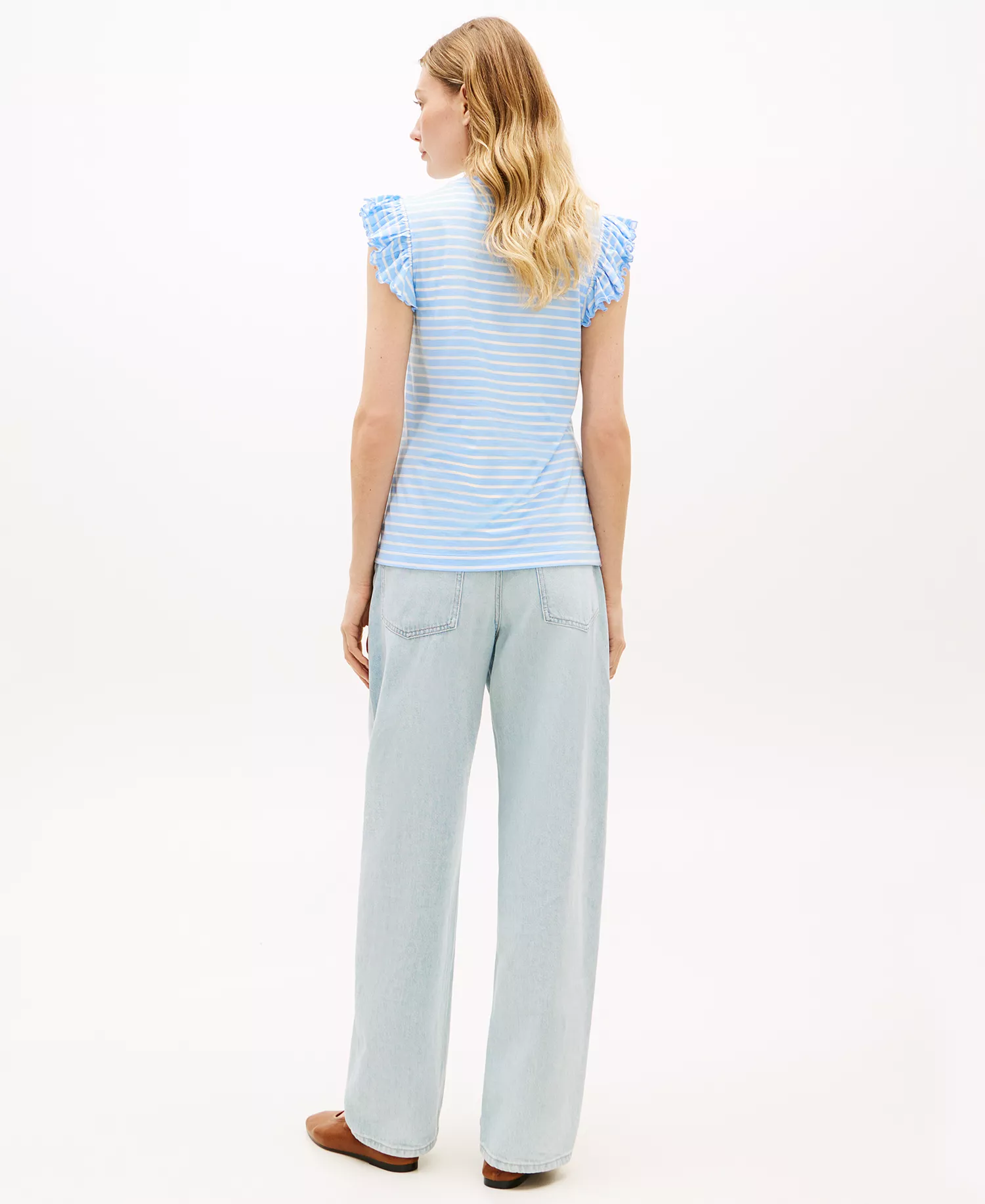 Women's Frill-Sleeve Crew Neck Top - Blue - L