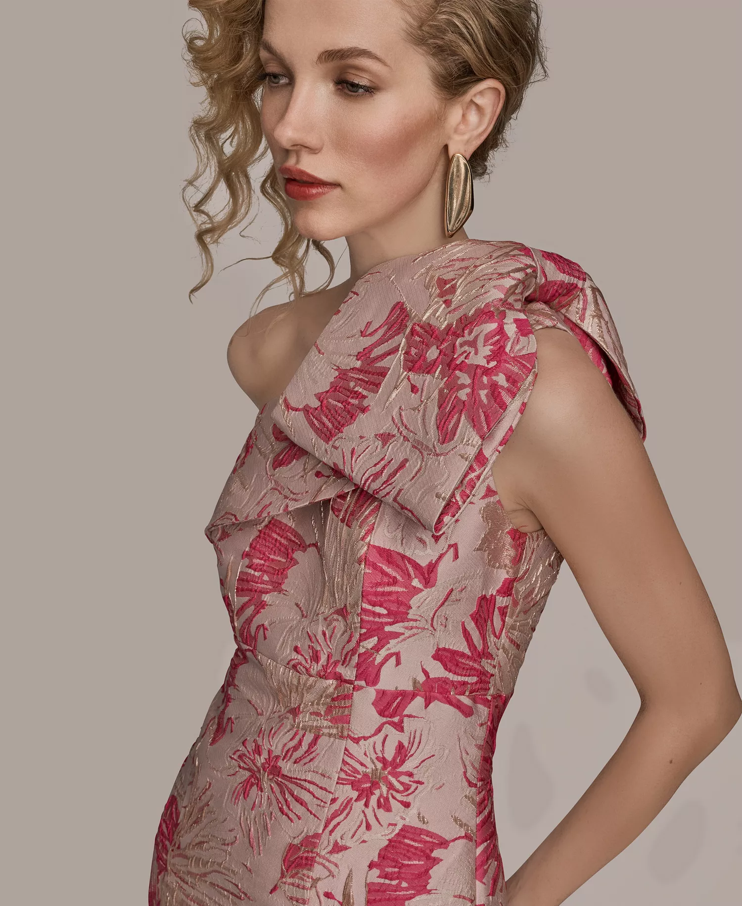 Women's Jacquard Bow-Trim One-Shoulder Gown - FUCHSIA MULTI - 10