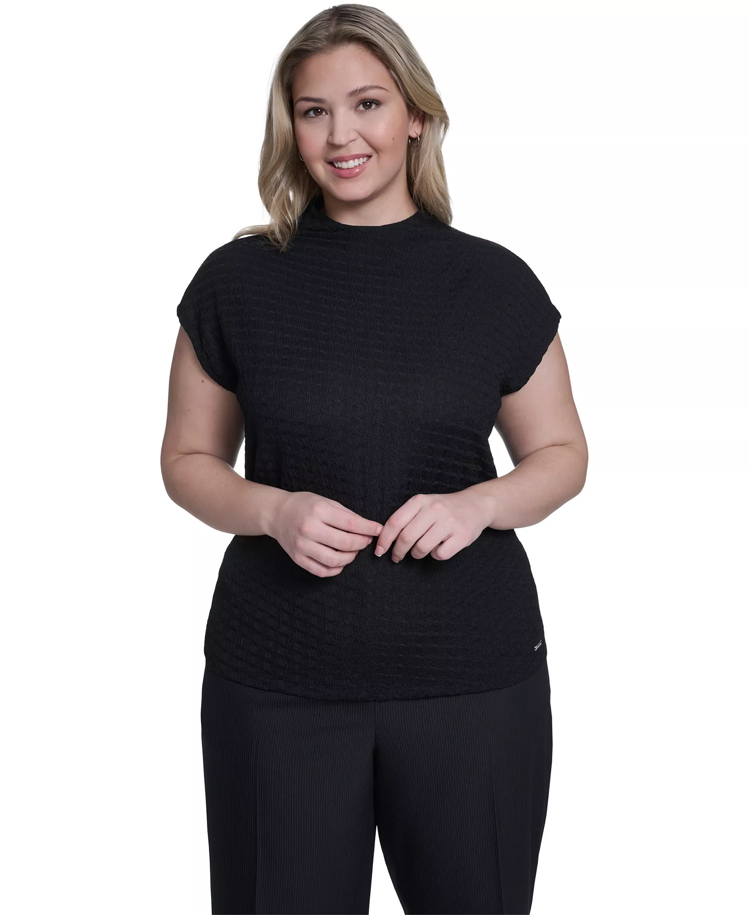 Plus Size Knit Cap Sleeve Top - Black - 1X