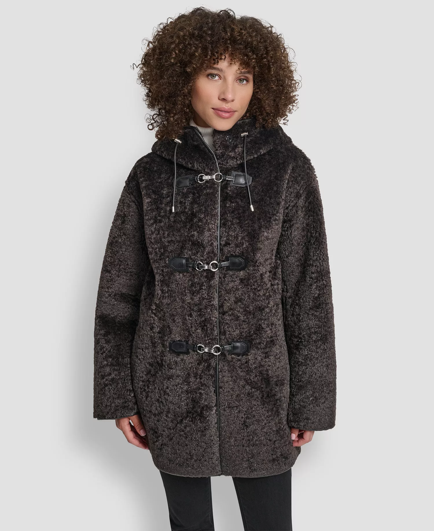 Women's Shearling Hooded Toggle Coat - Bitter - L