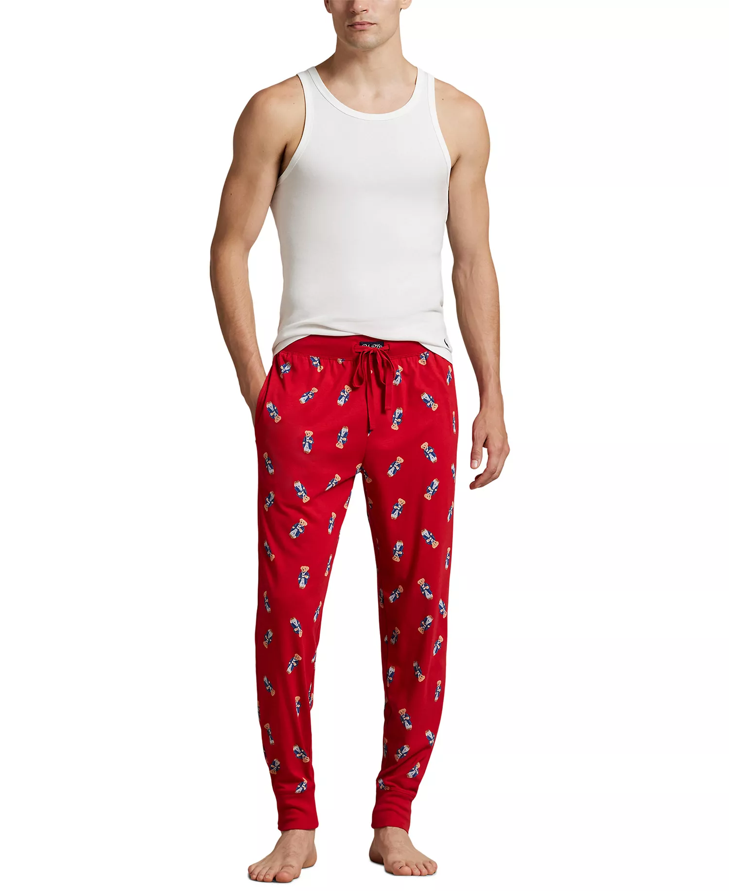 Men's Rib Waistband Knit Bear Pajama Jogger Pants - Polo red - L