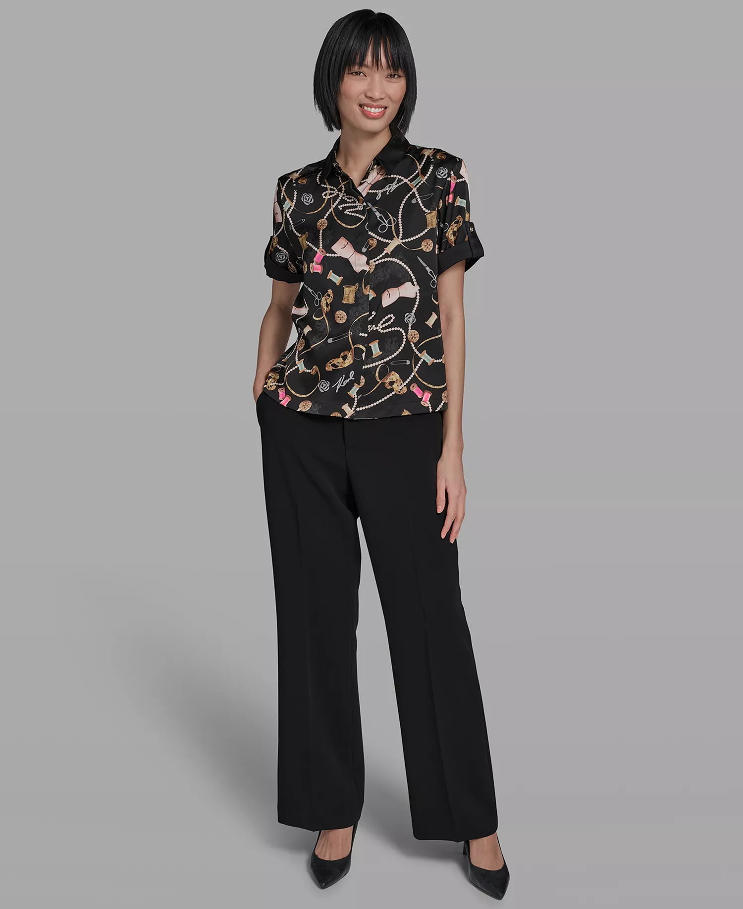 Women's Sewing Detail Printed Camp Collared Shirt - Black Combo - L
