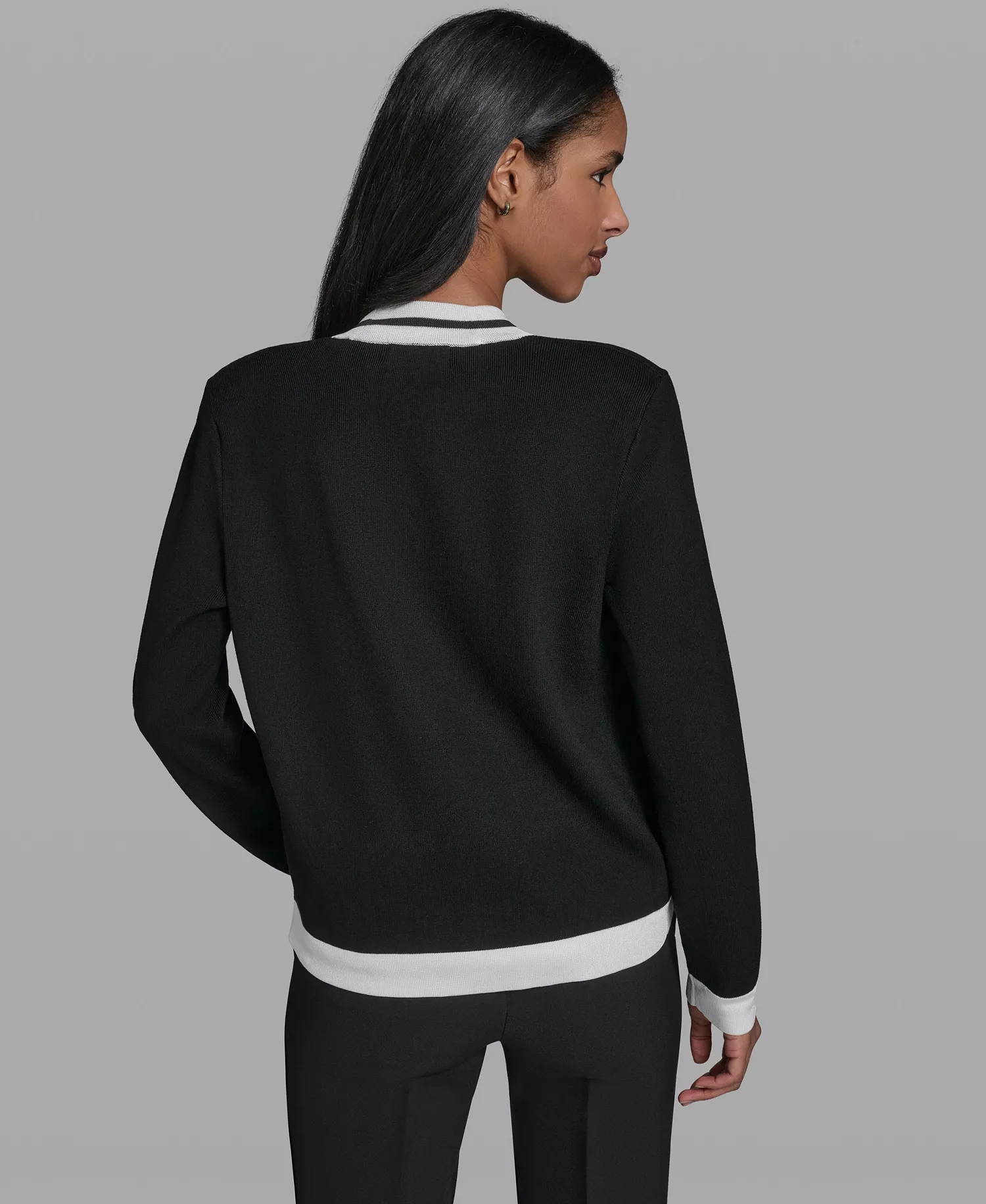 Women's Open-Front Long-Sleeve Knit Cardigan with Contrast Trim - Black/soft White - L