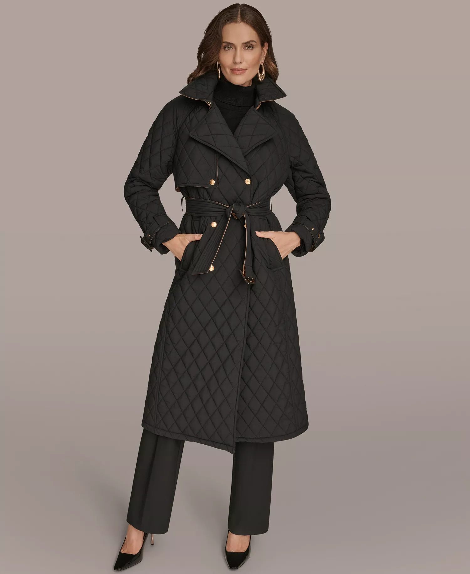 Women's Belted Maxi Quilted Coat - Black - M