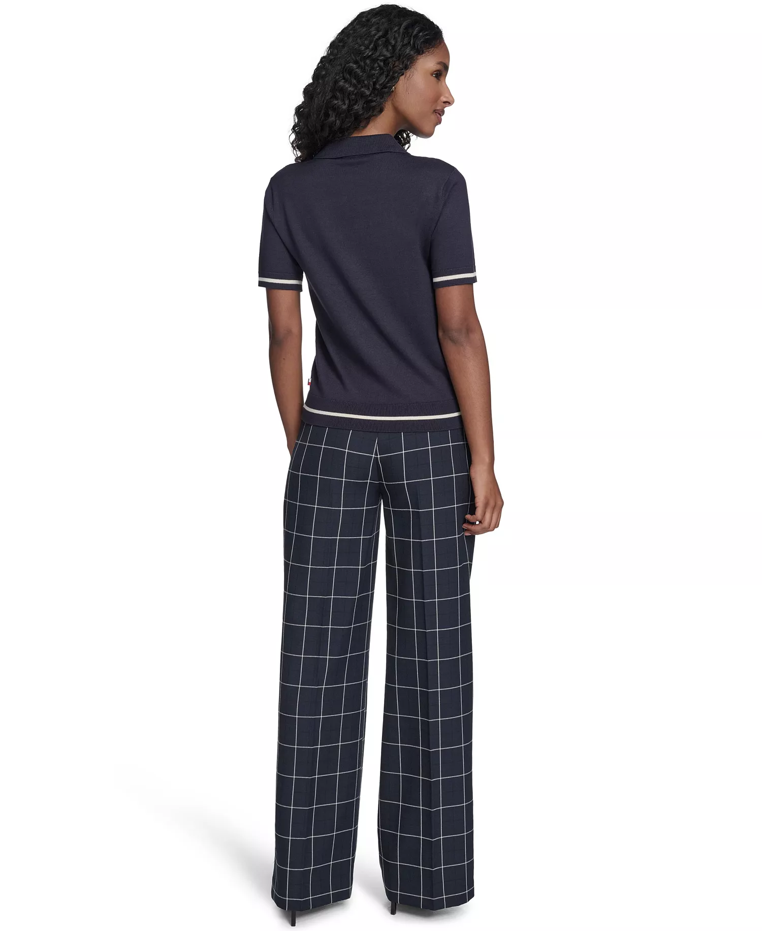 Women's Short Sleeve Pointelle Polo Sweater - Midnight/ Whitecap - L