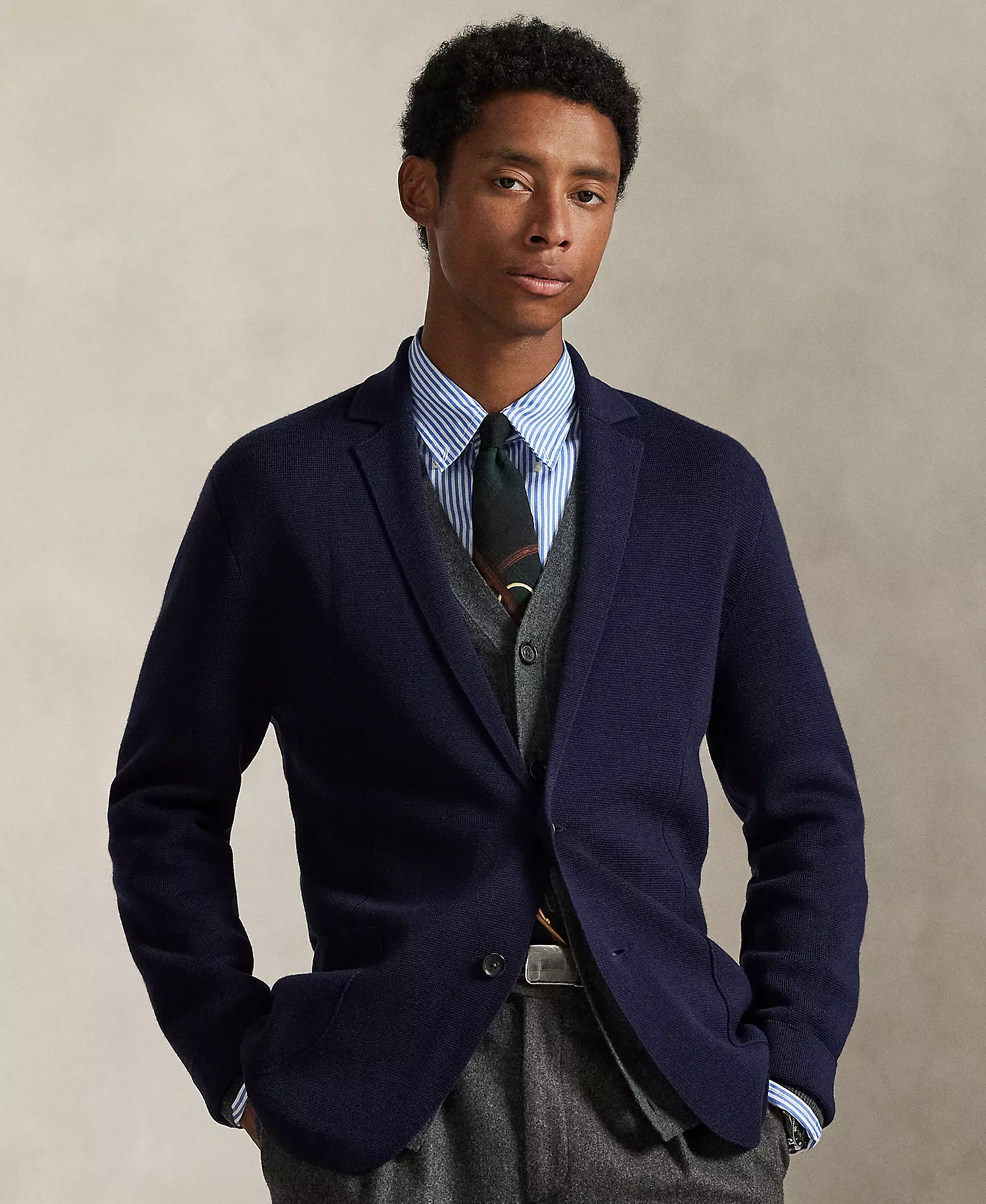 Men's Merino Long Sleeve Blazer Cardigan - Hunter Navy - L