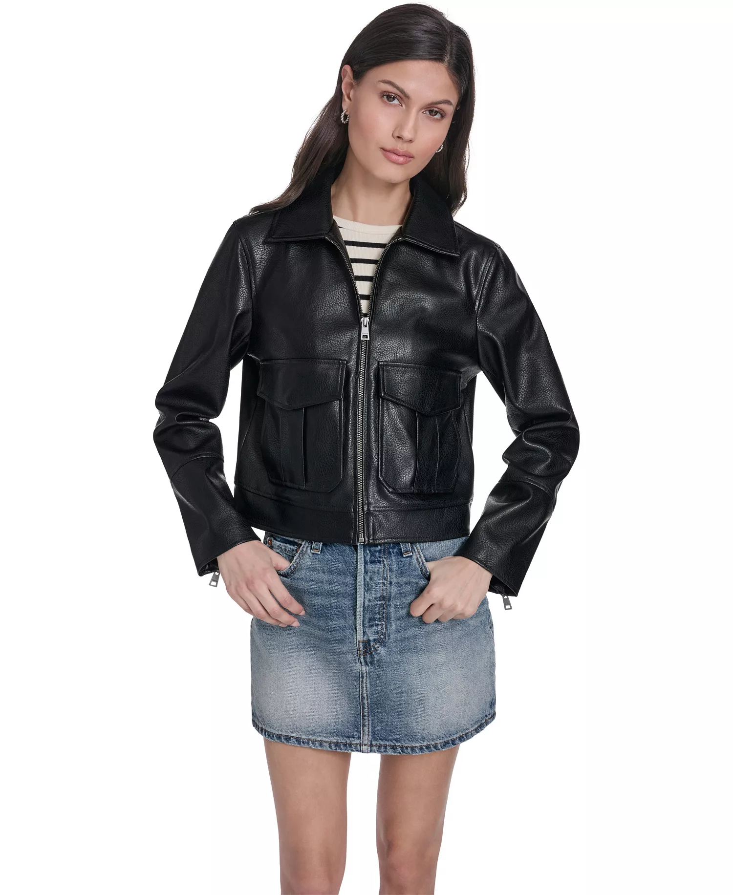 Women's Faux Leather Zip-Front Jacket - Black - L