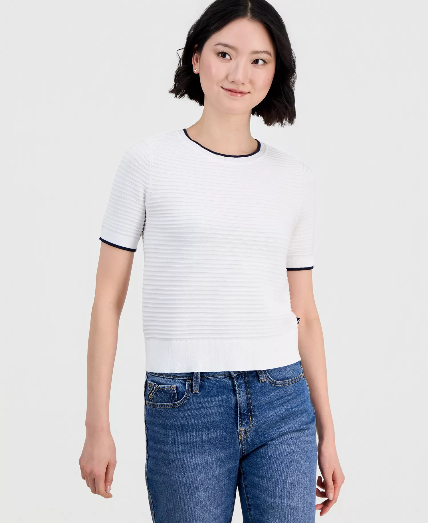 Jeans Women's Cotton Roll-Neck Raised-Stripe Sweater - Brght Wh/night Sky - L