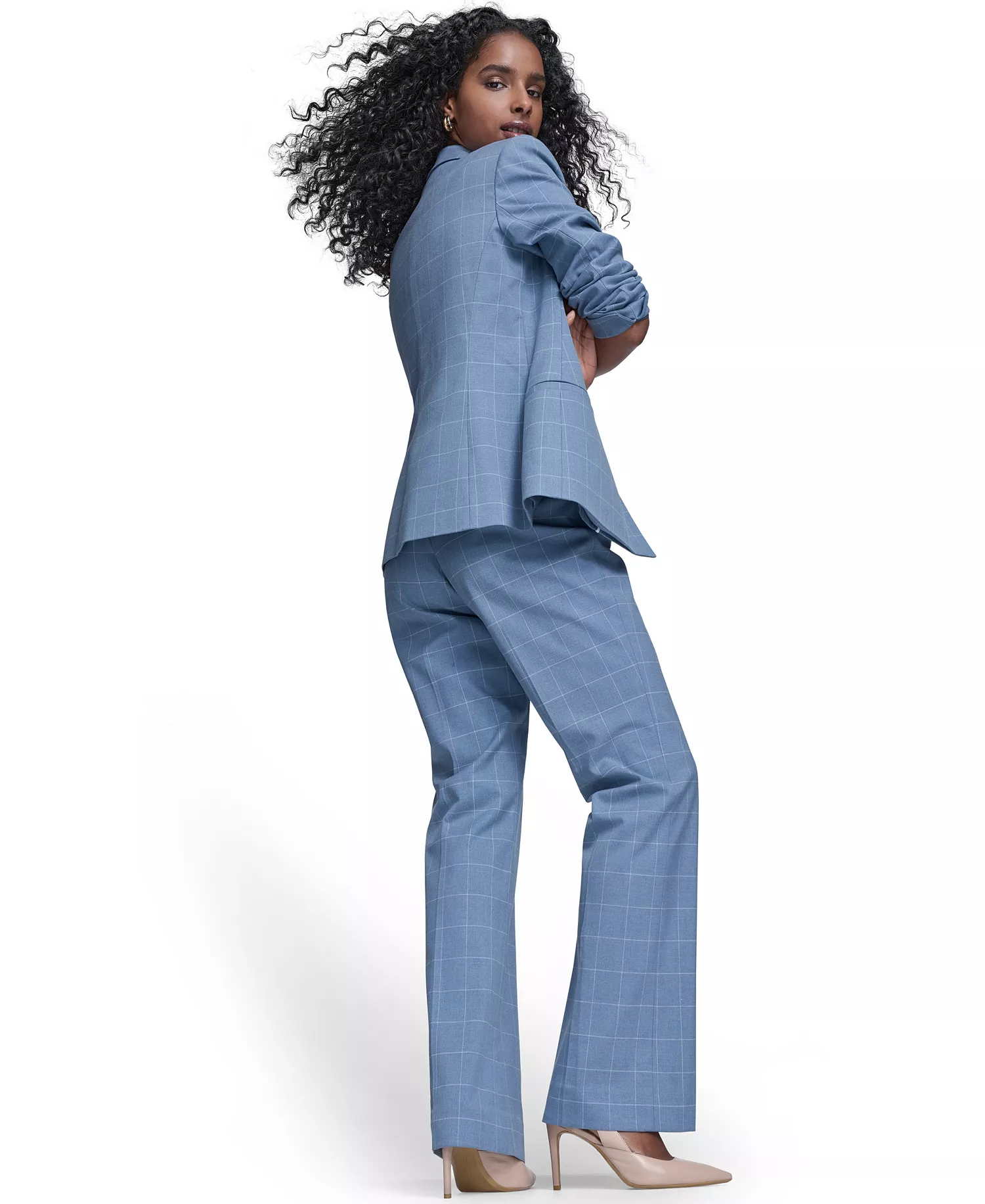 Women's Windowpane Double Breast Jacket, Sleeveless Collared Sweater, and Windowpane Modern Fit Pants - Light Flint/cream - 10