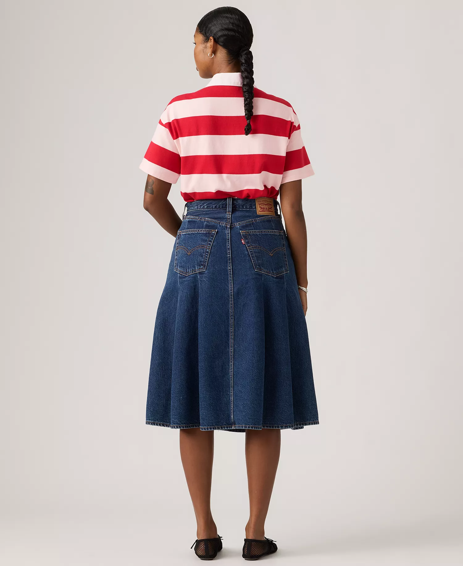Women's Pleated Denim Midi Skirt - Slightly Coral - 24