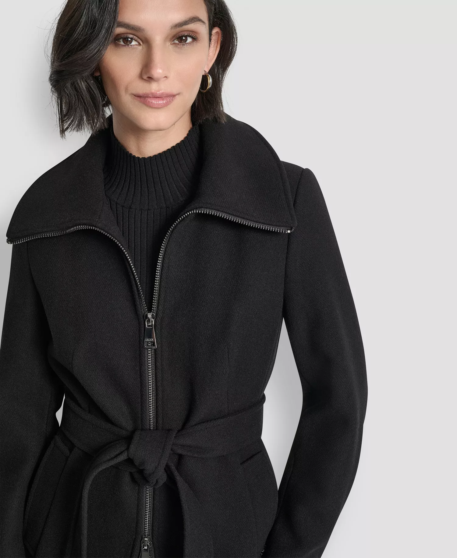 Women's Collared Neck Belted Coat - Black - L