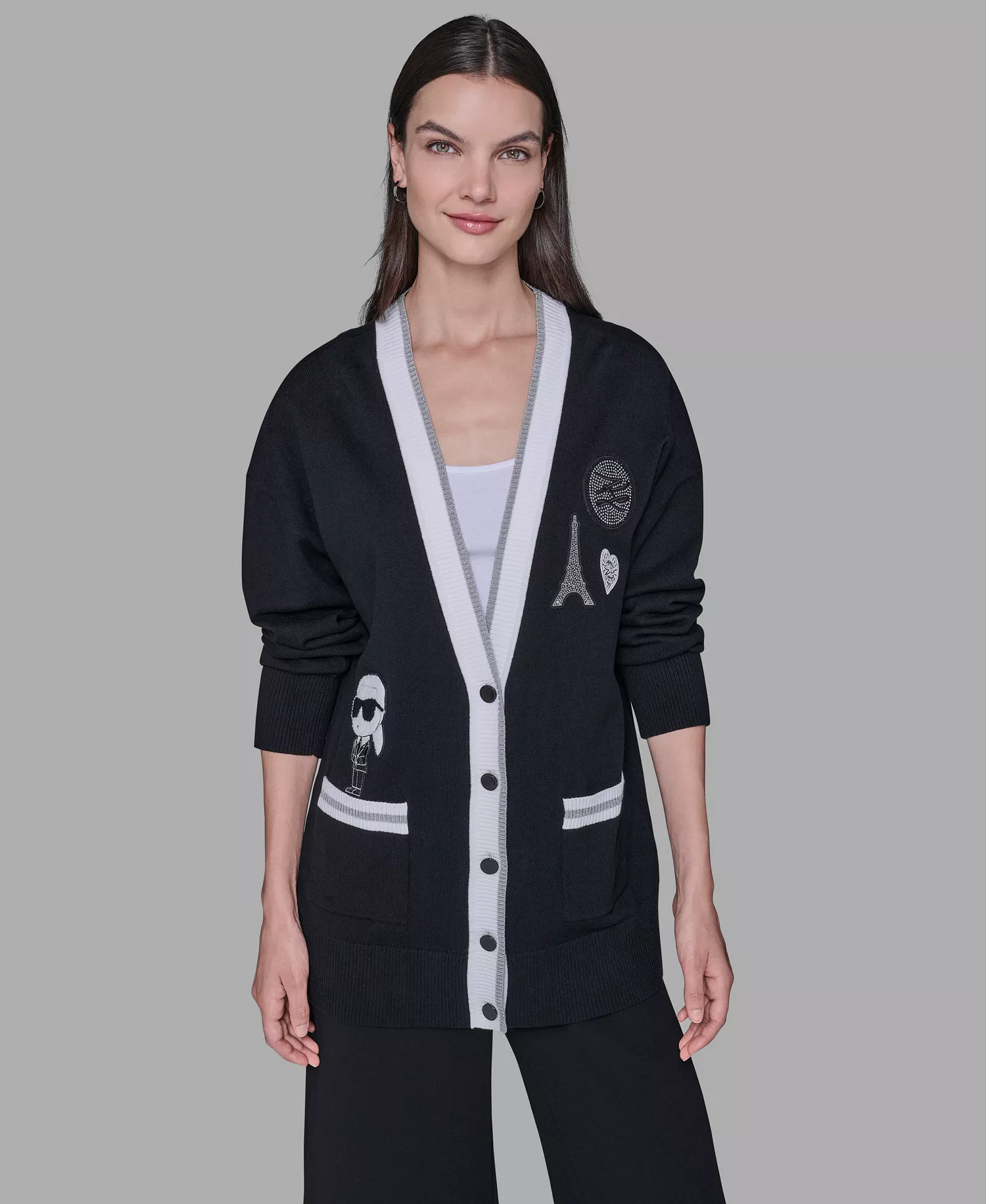 Women's Patch Detail Cardigan Sweater - Black/Soft White - L