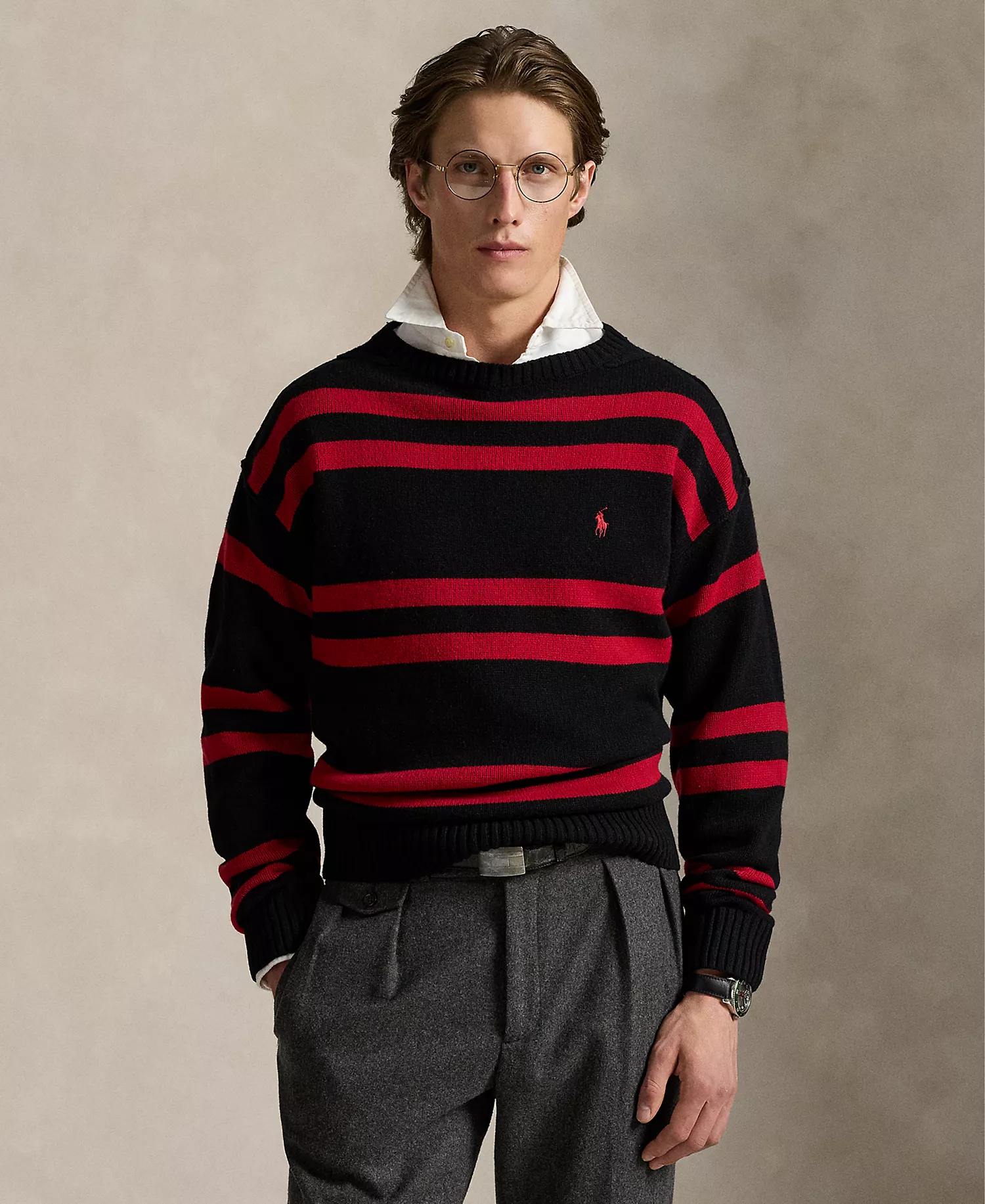Men's Striped Wool Sweater - Polo Black Combo - 2XL