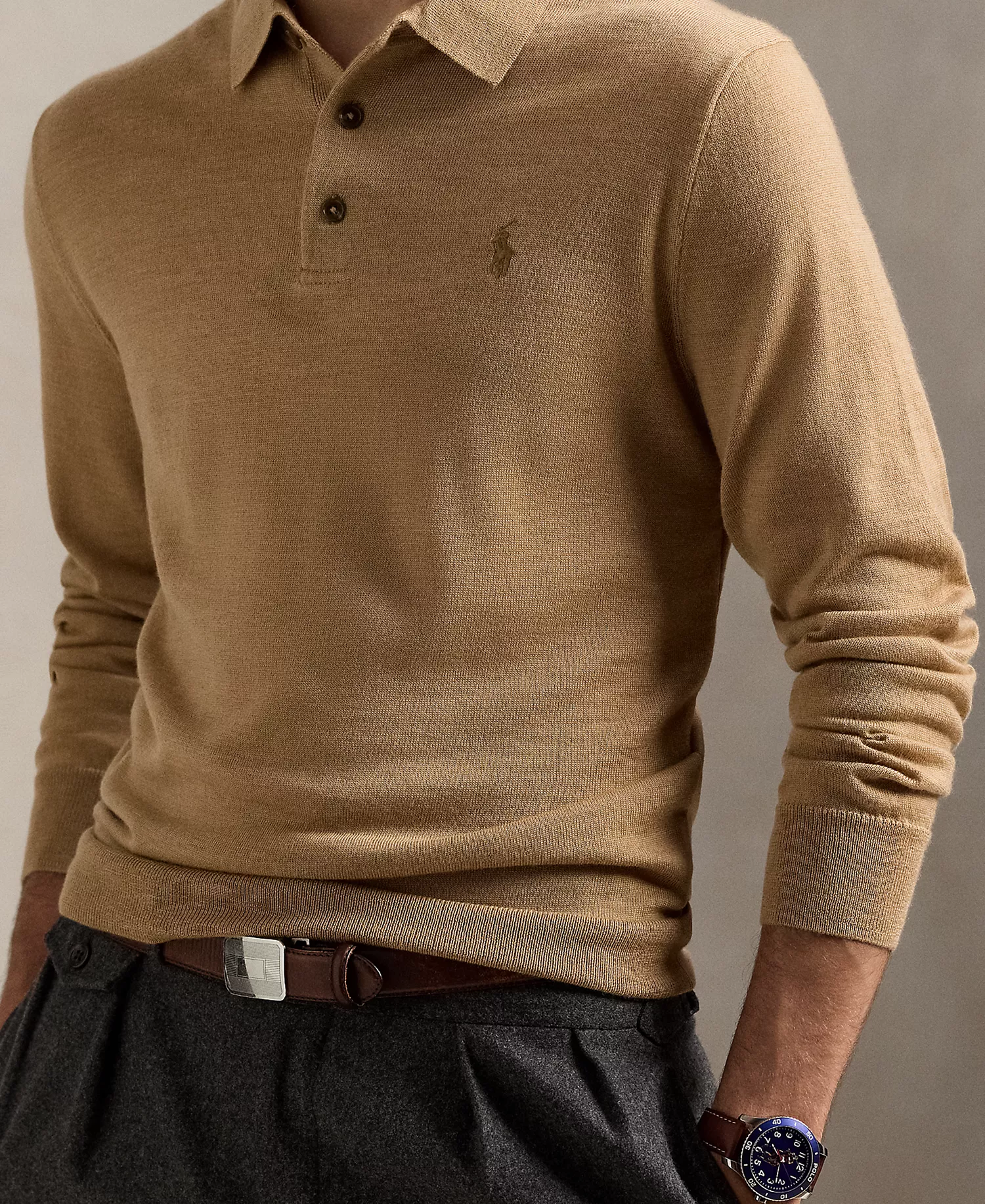 Men's Wool Polo-Collar Sweater - Camel Melange - 2XL