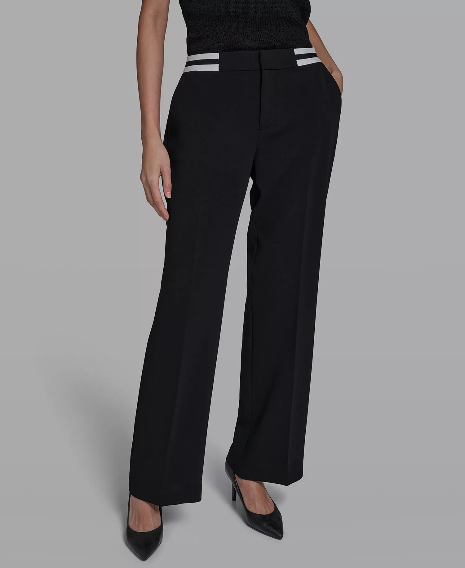Petite Mid Rise Contrast Pants - Black - 10P