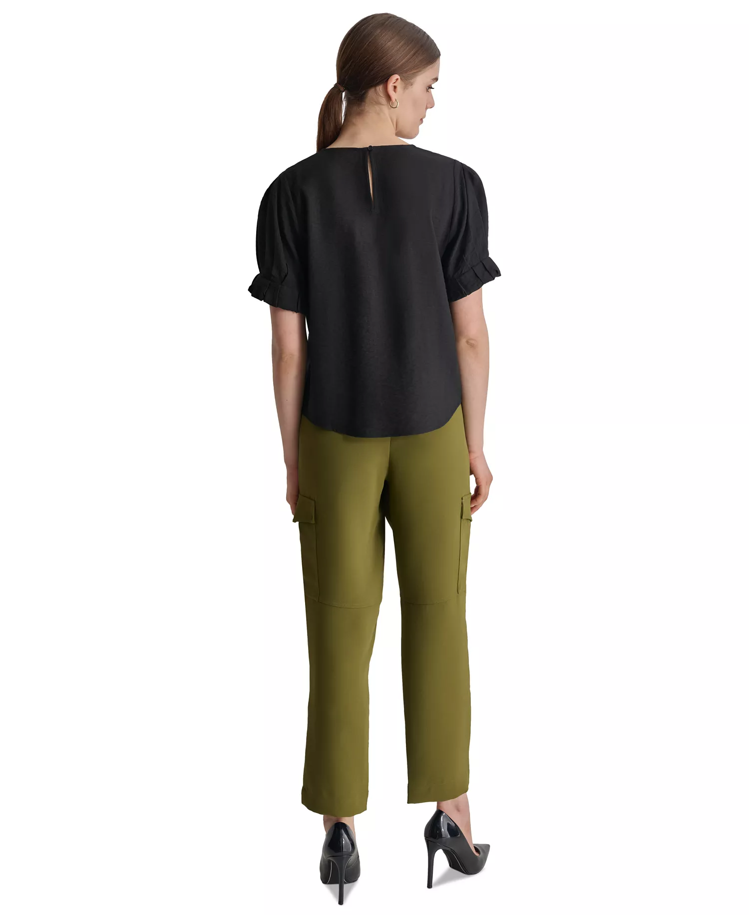 Women's Puff-Sleeve Pleated Blouse - Black - XS
