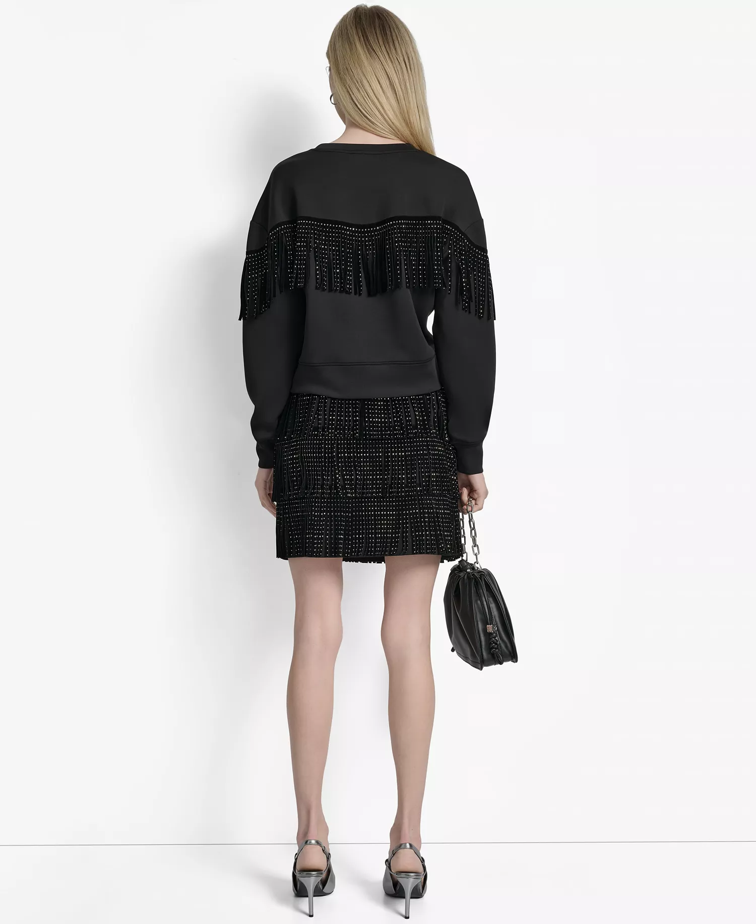 Women's Long Sleeve Studded Fringe Pullover  - Black - M