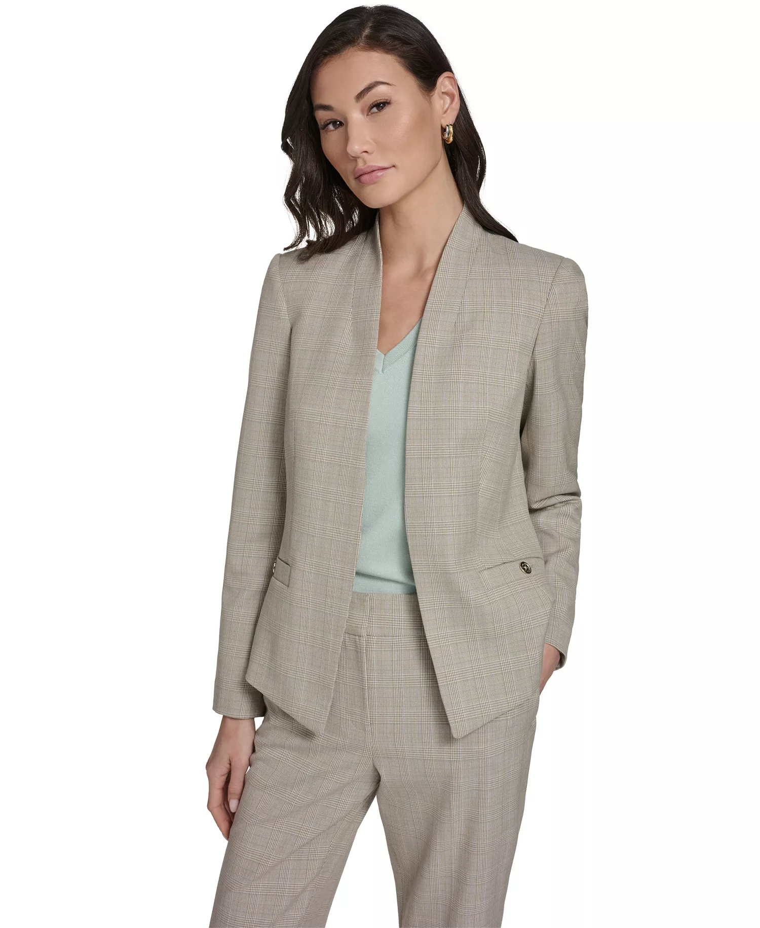 Women's Plaid Open Front Blazer,  Short-Sleeve Tipped Sweater and Plaid Bootcut Trousers - Harbor Gray Multi - 0