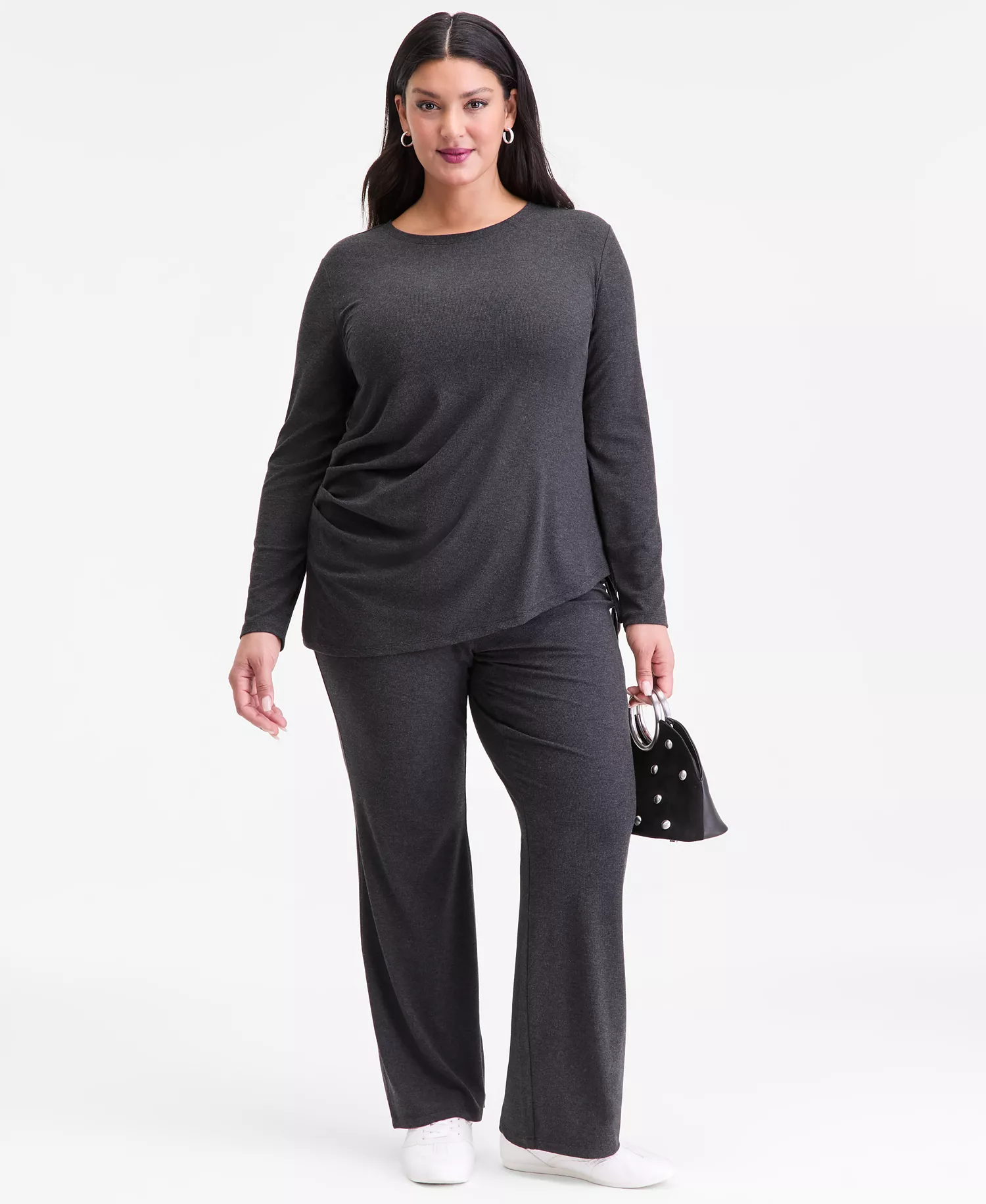 Plus Size Ribbed Asymmetrical-Hem Top, Macy's Exclusive - Charcoal Heather - 0X