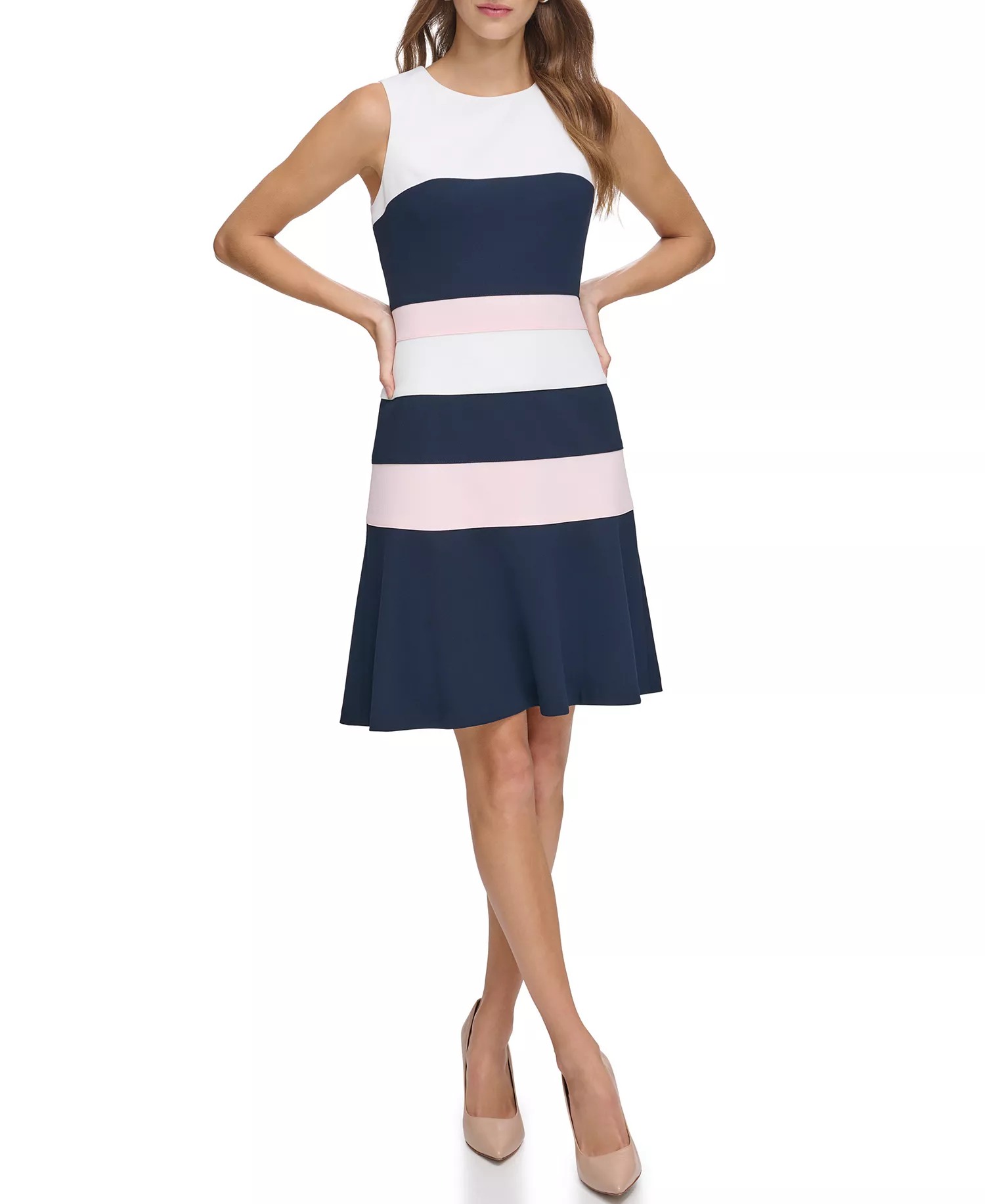Women's Colorblocked Scuba Crepe Sleeveless Dress - Ivory/Sky Captain/Pink - 10
