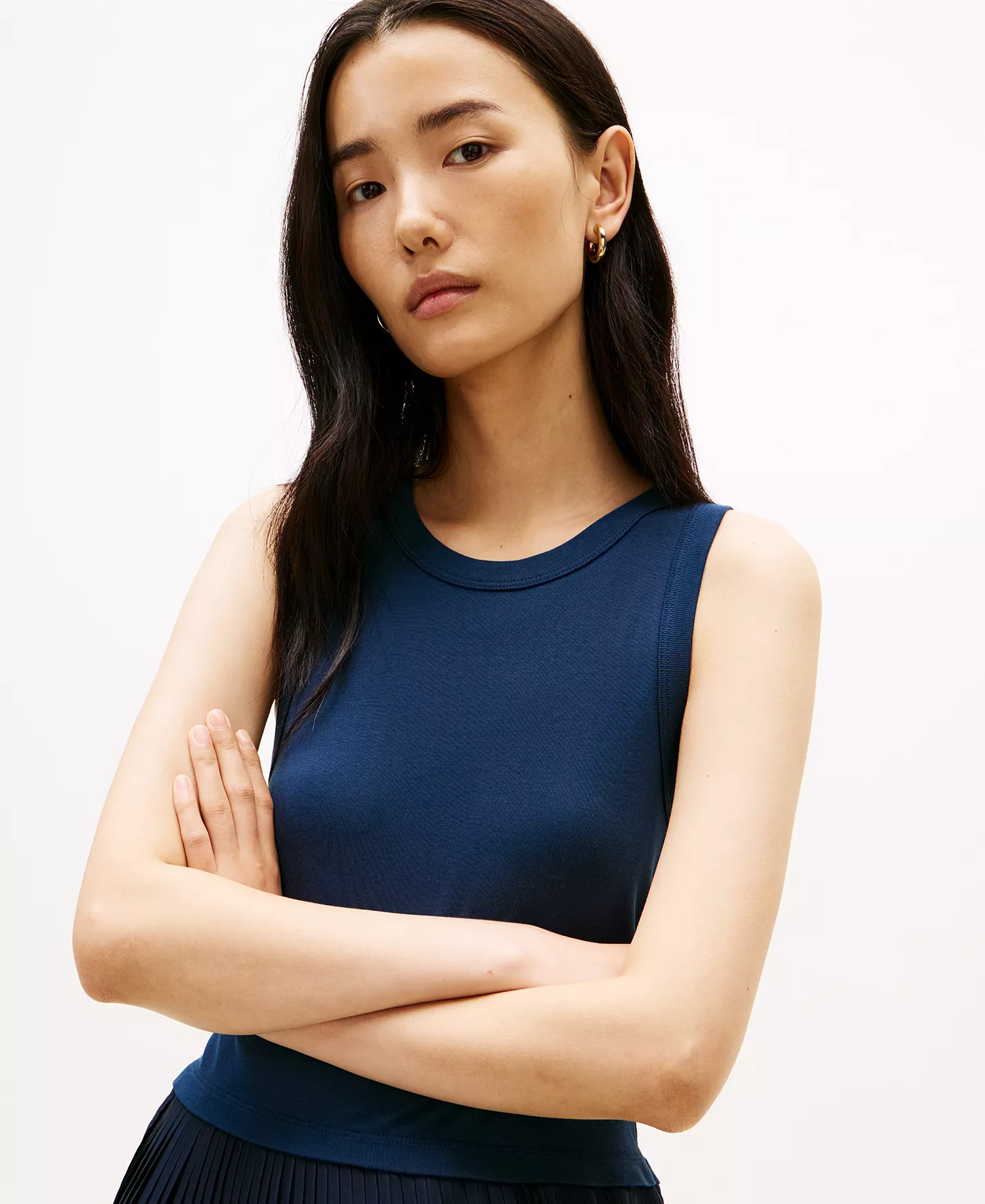 Women's Mix Media Pleated Sleeveless Midi Dress - Dark Night Navy - L