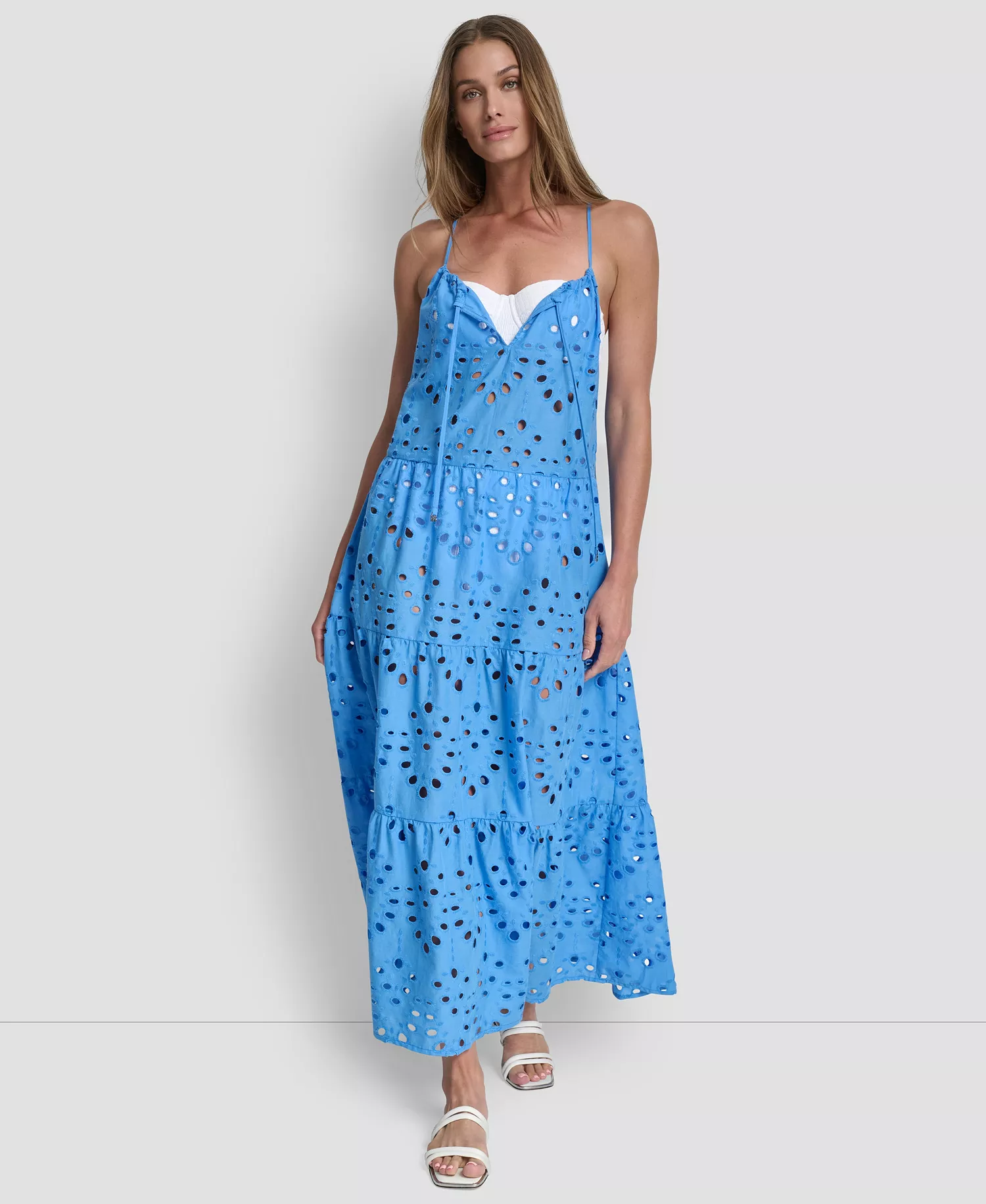 Women's Tiered Eyelet Maxi Dress Swim Cover-Up - Hampton Blue - L