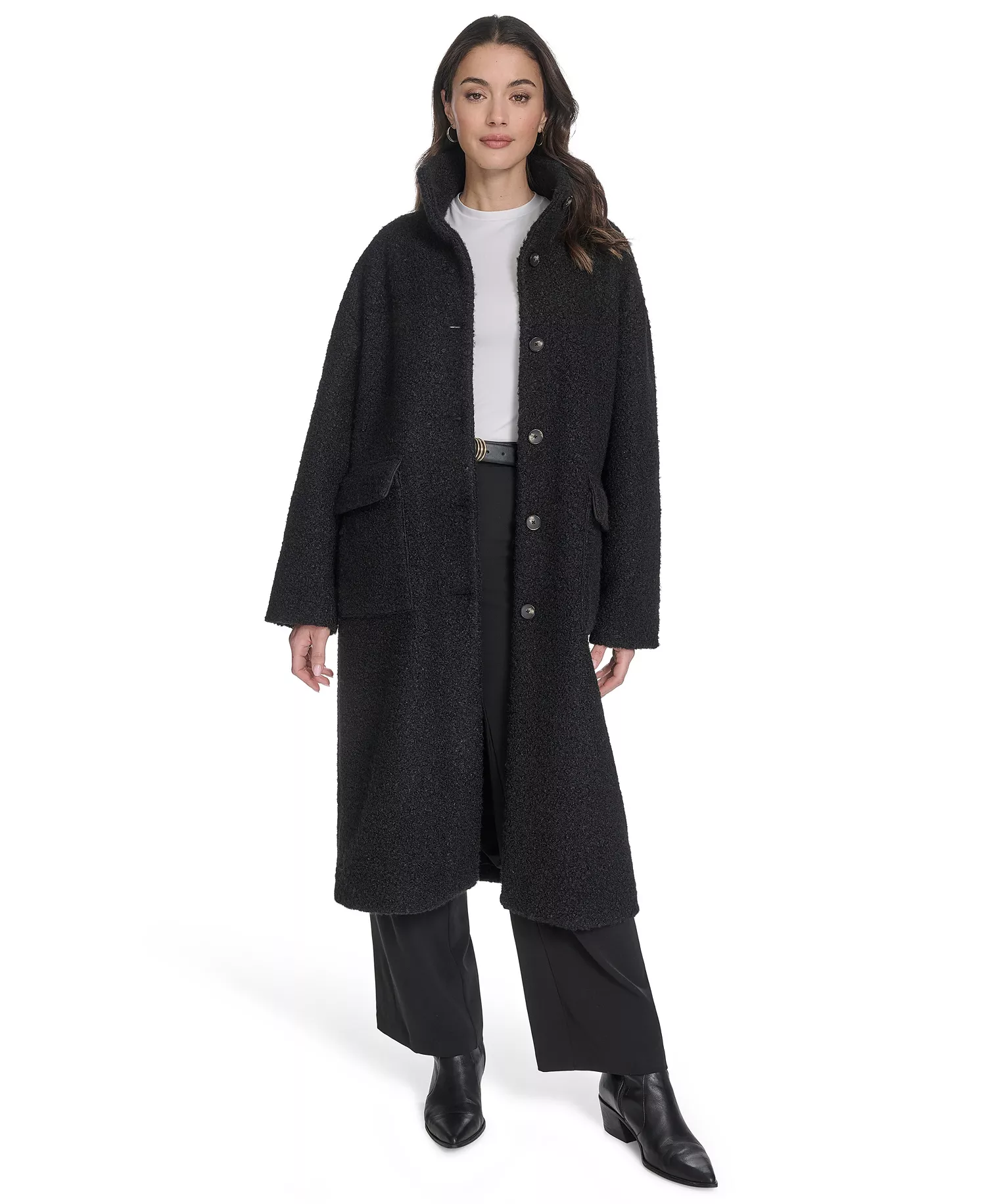 Women's Regular Boucle Stand Collar Car Coat - Black - L