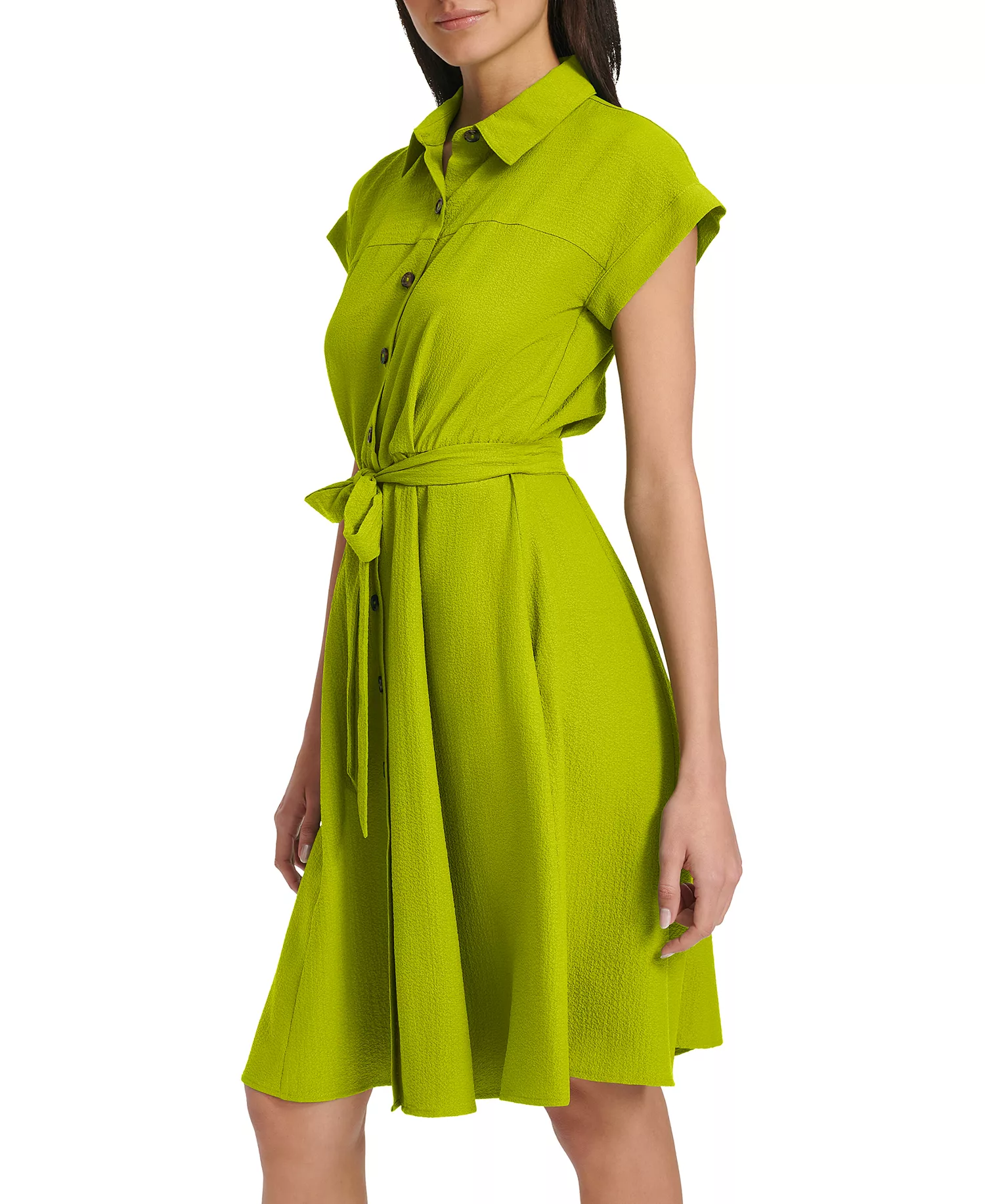 Women's Belted Cap-Sleeve Shirt Dress - Celery - 10