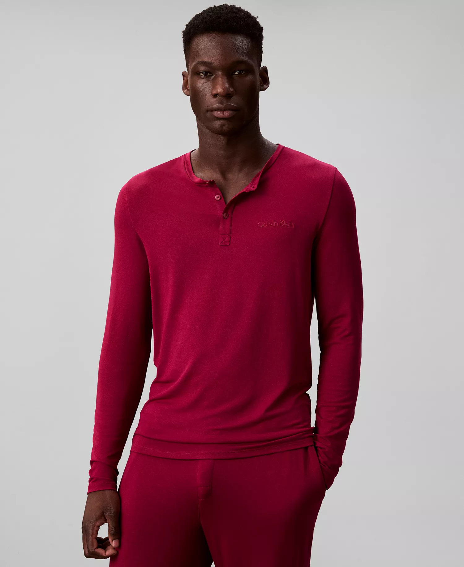 Men's Henley Neck Sleep Top - Beet Red - L