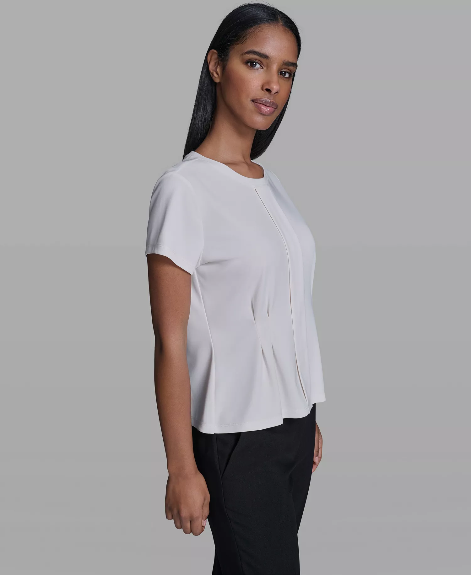 Women's Cinched Waist Crew Neck Top - Bisque - L