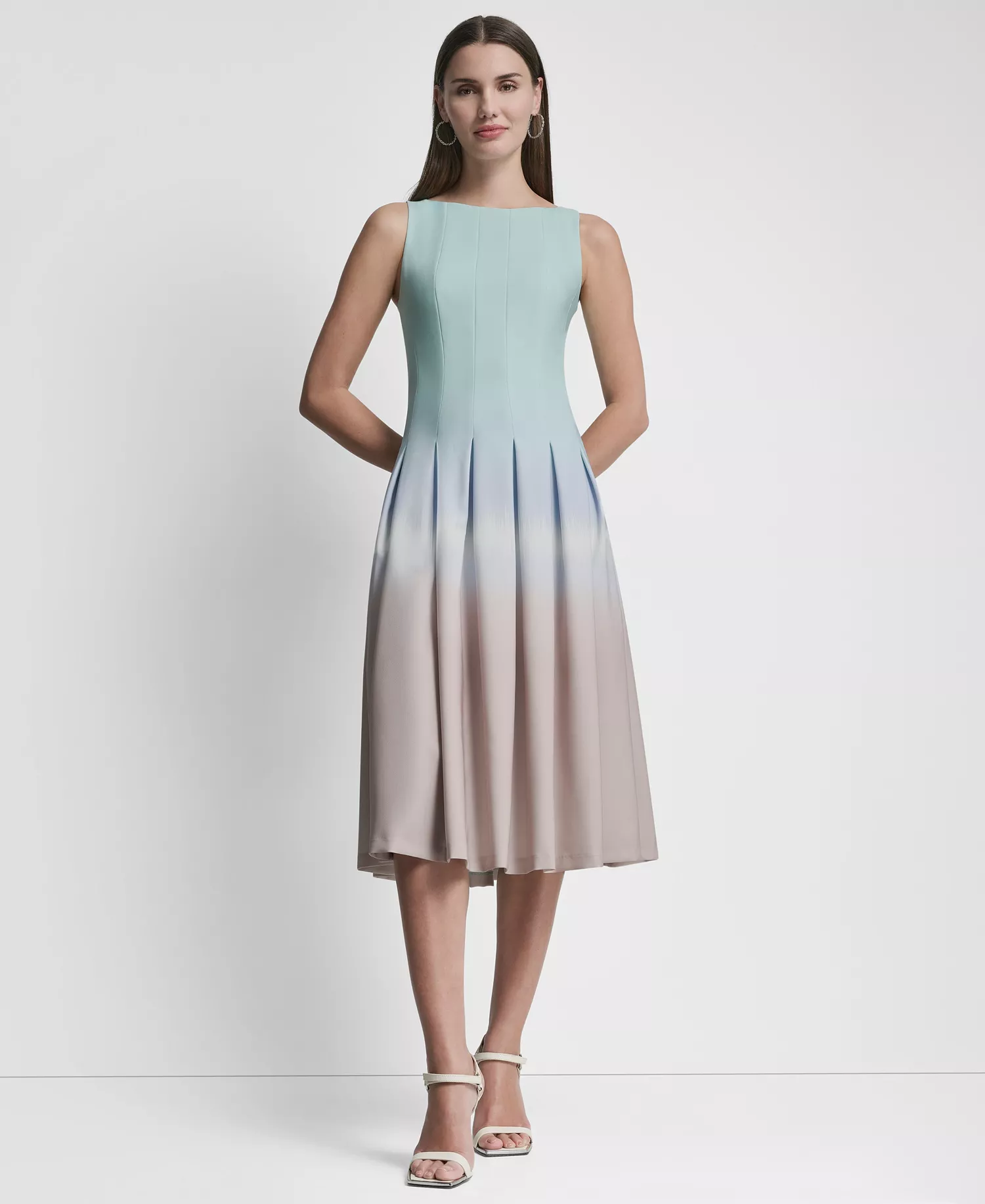 Women's Sleeveless Pleated Boat Neck Midi Dress - Bleached Aqua Multi - 0P