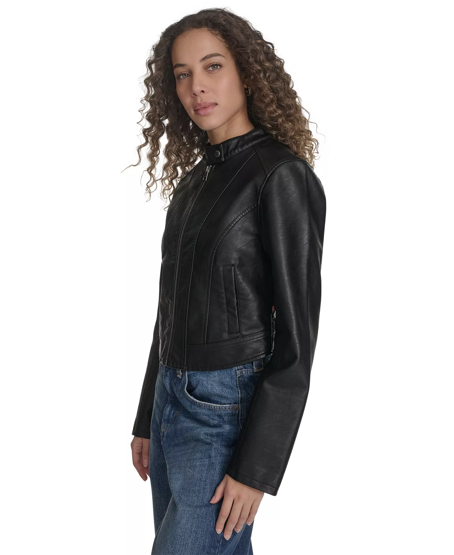 Women's Faux Leather Racer Jacket - Black - L