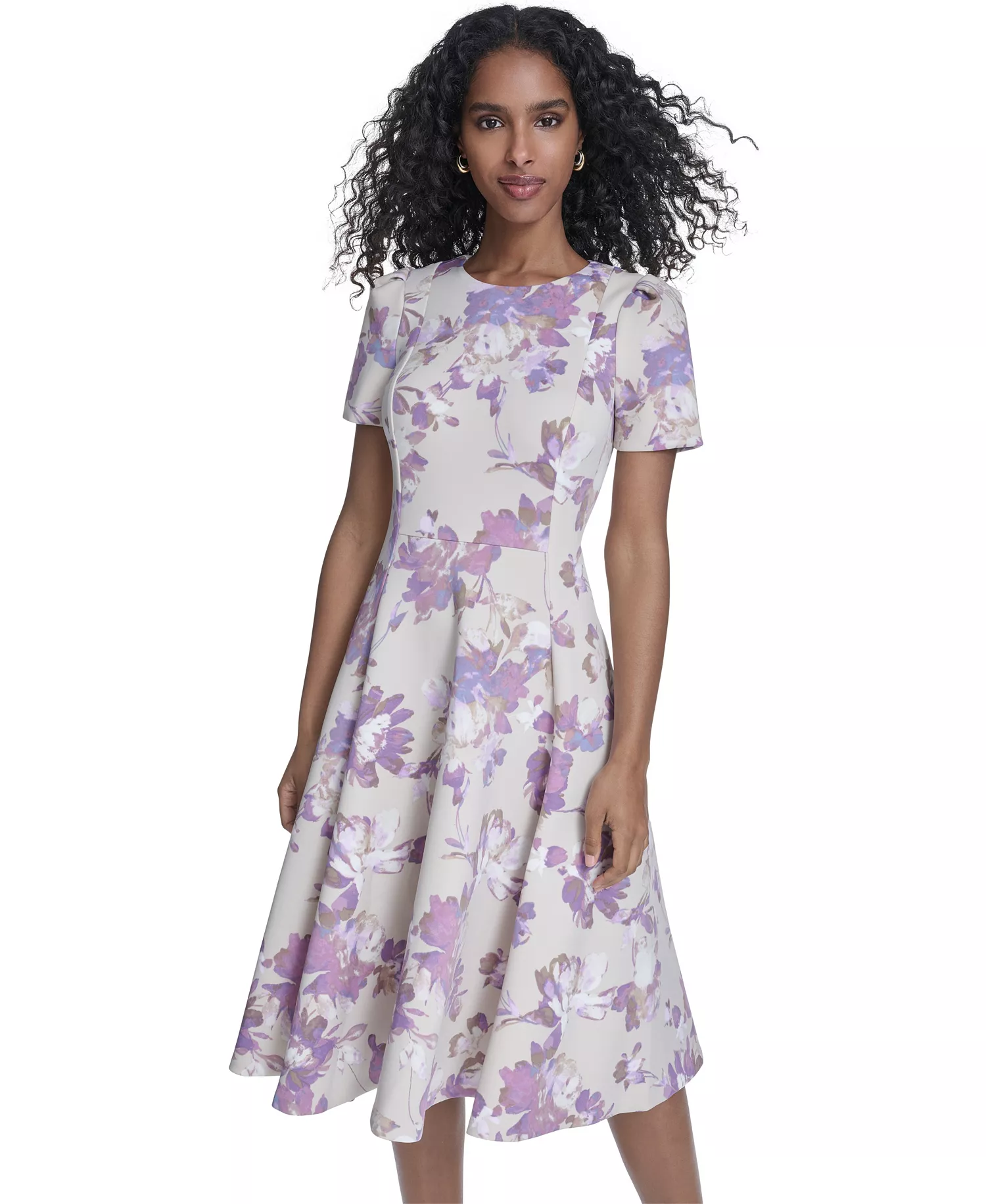 Women's Short-Sleeve Scuba Midi Dress - Khaki/Regal Multi - 10