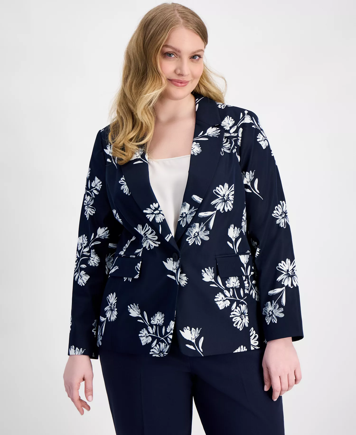 Plus Size Printed Notch-Lapel Blazer  - Navy Ivory - 14W