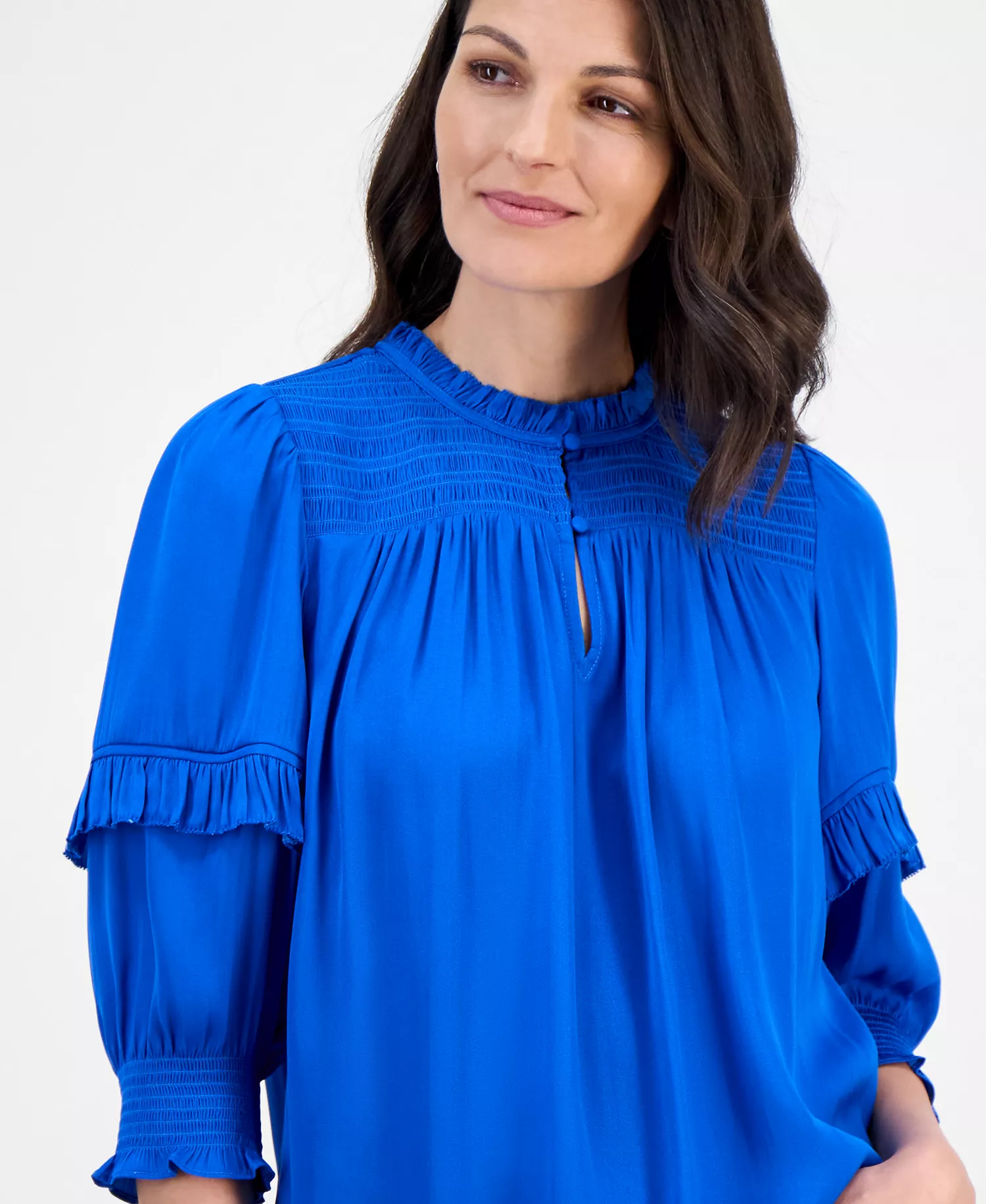 Women's Smocked Ruffle-Trim Elbow-Sleeve Top - Cobalt Stone - L